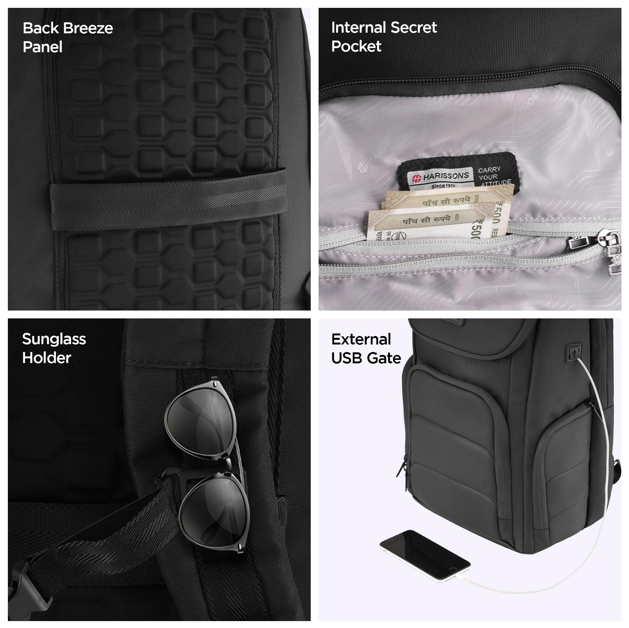 HARISSONS Teknos Business Travel Laptop Backpack | 35L | Fits 15.6β Laptop | 900D PU-Coated Polyester & Vegan Leather | Work, Travel & Commute | USB Port, Anti-Theft Pocket, Rain Cover (Black) 3