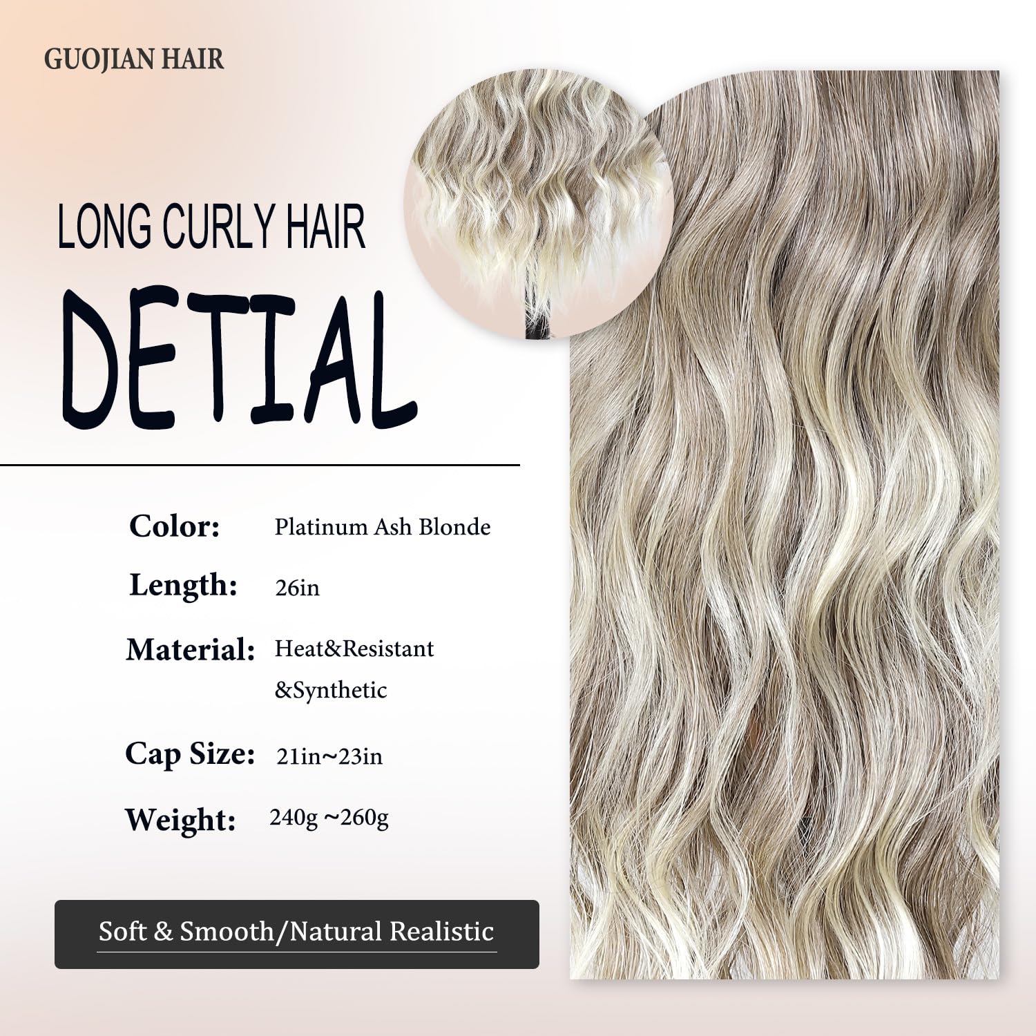 GUOJIAN Long Wave Wig 26inch Platinum Ash Blonde 13x5x1 HD Lace Front Synthetic Wavy Wigs For Women Heat Resistant Curly Wig for Cosplay Halloween Daily Use