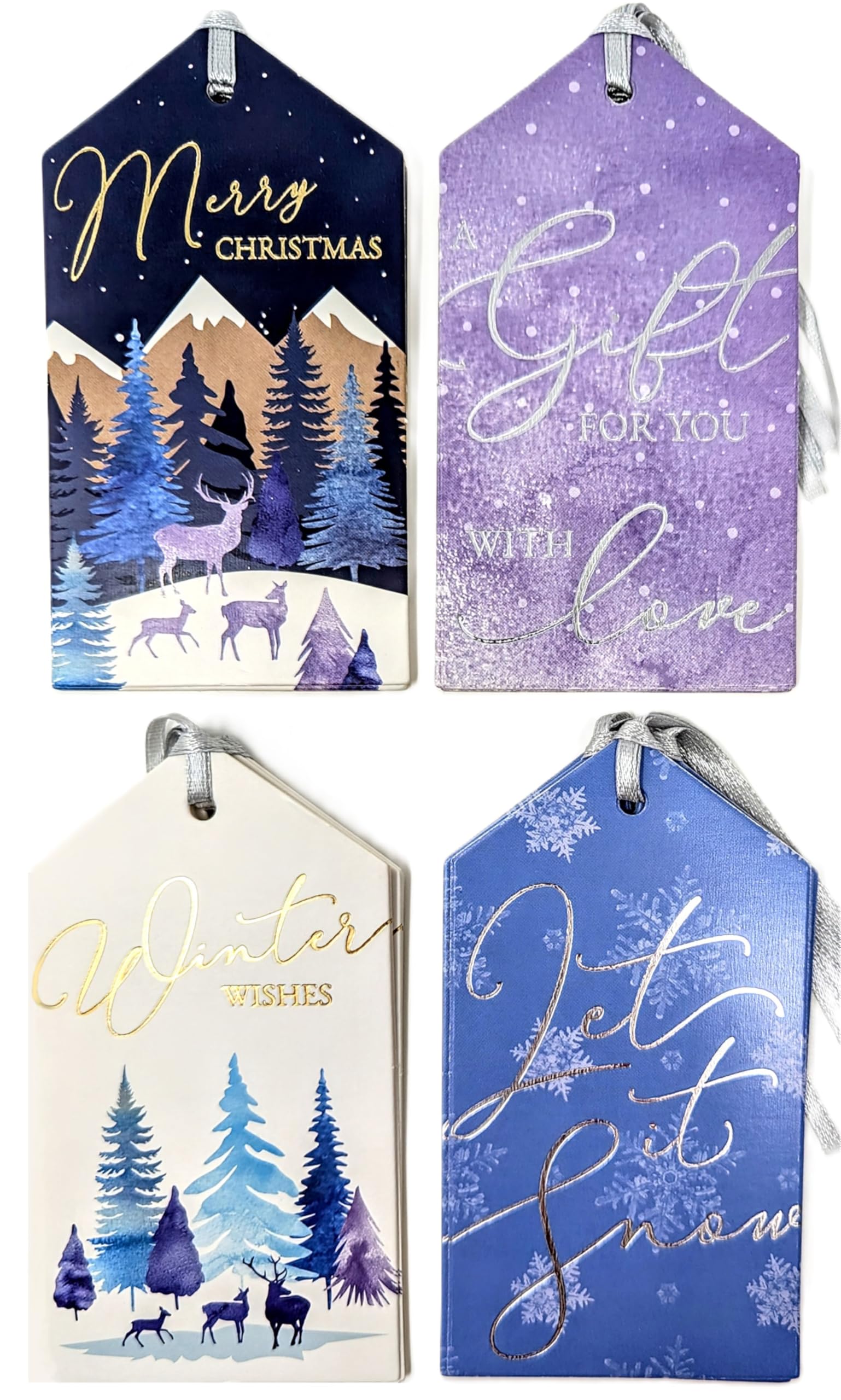 2 Packs of 20 Luxury Christmas Gift Tags – Purple & Blue Midnight Forest Theme – Reindeer Winter Scene – Silver Ribbon – Large 11x6cm – 4 Designs – Blank White Back – Eco Friendly