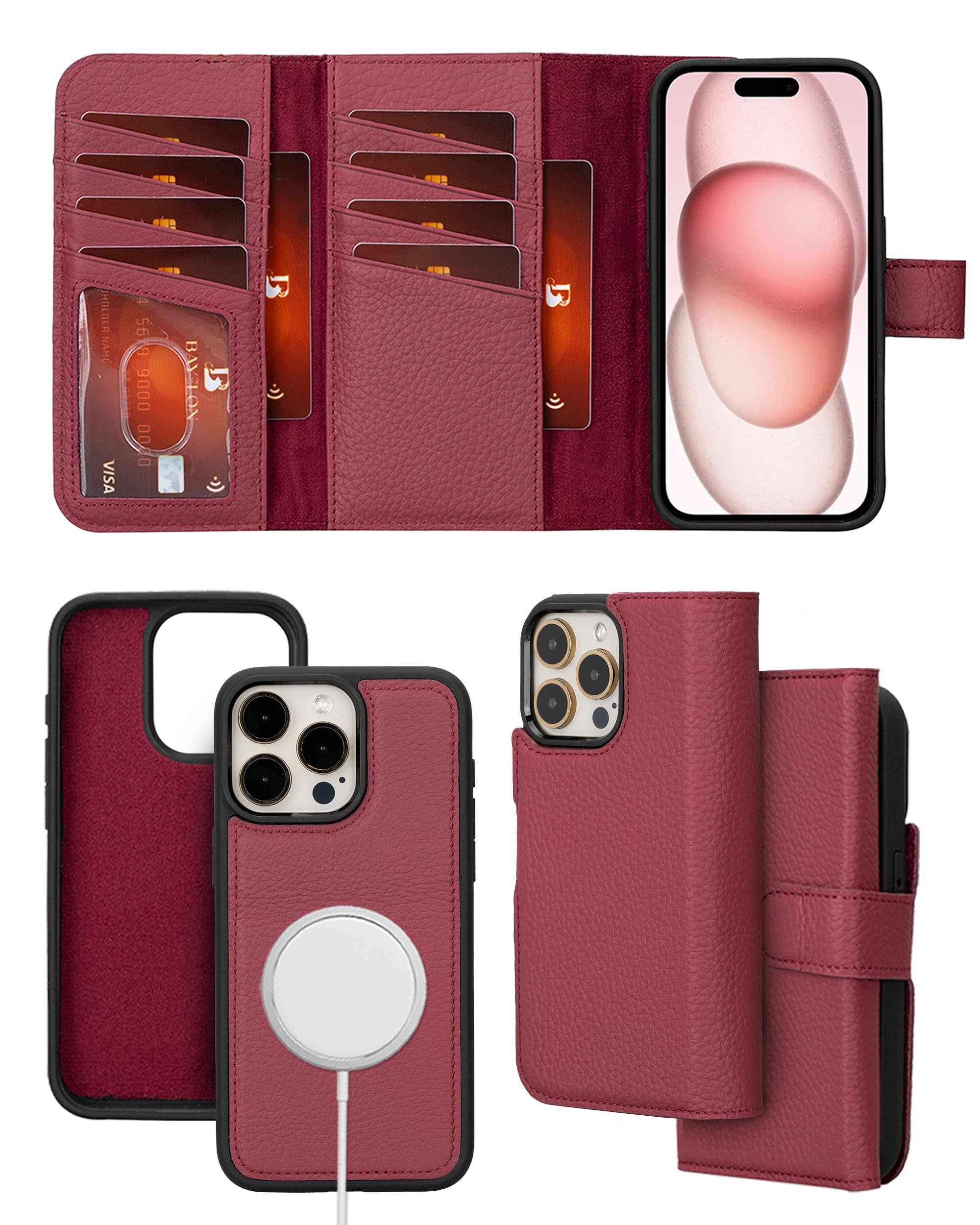 Bayelon Wallet Case for iPhone 15 Pro Max, Trifold Leather Wallet, Detachable Magnetic Flip Folio Cover, Card Holder, iPhone 15 Pro Max Wallet Case,
