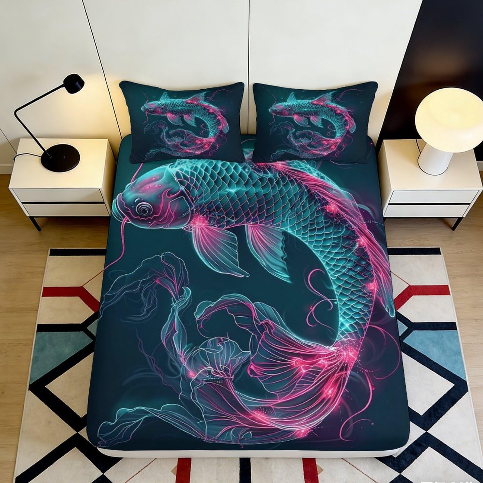 3D Printed Koi Fitted Sheet Microfiber Deep Pocket Non-Slip Koi Mattress Fitted Cover Elastic Hem Bedroom Wrap Washable 90x200x25cm