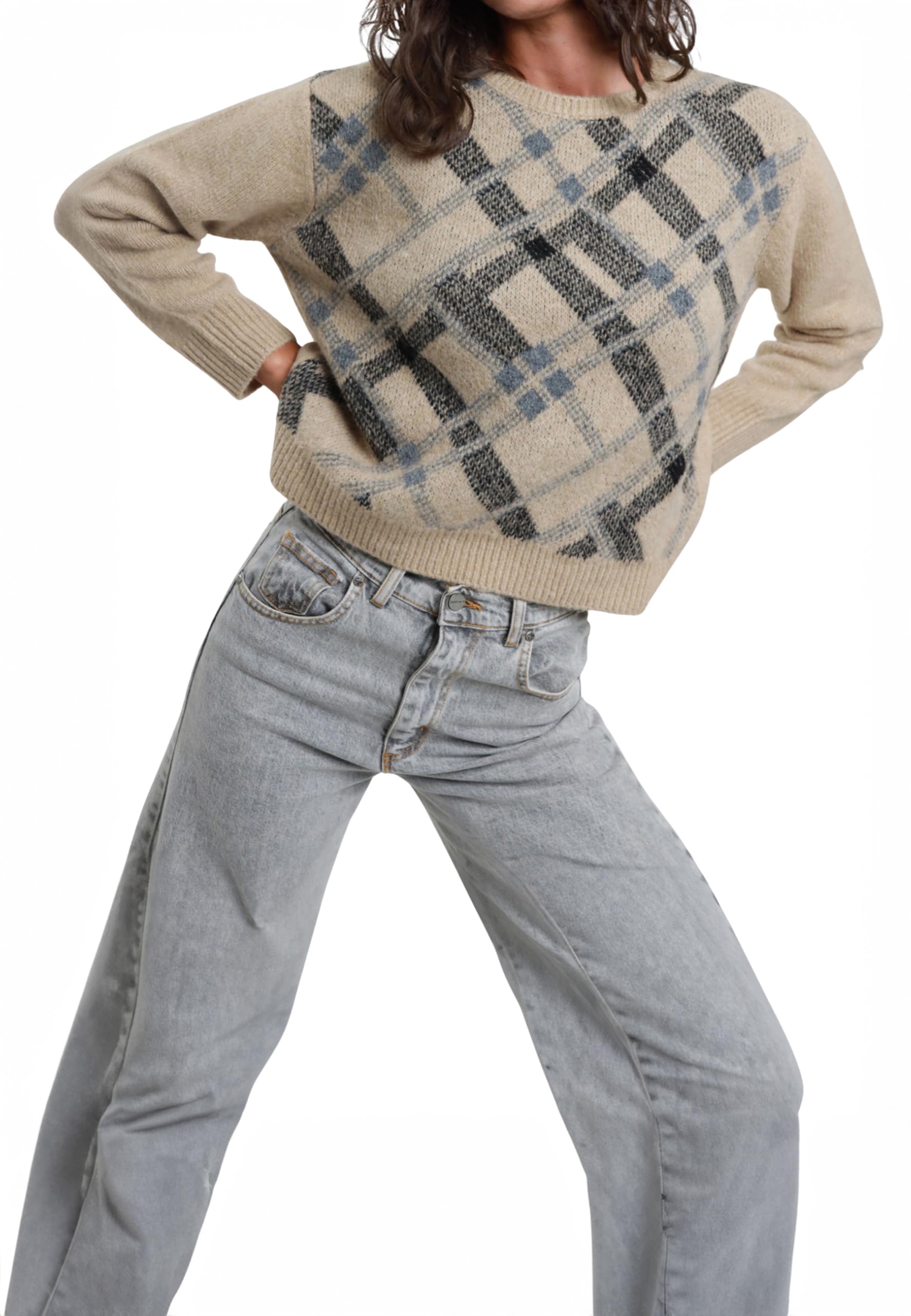 SUSY MIX Maglia Donna Girocollo Jacquard Quadri Tartan