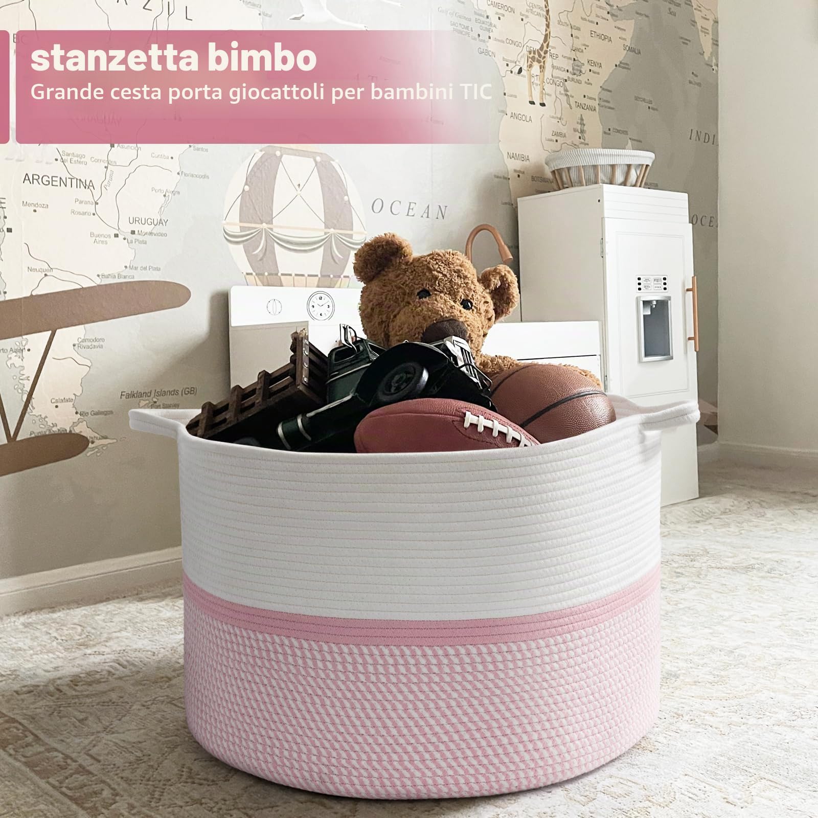 Cesto portaoggetti XXL extra large in corda di cotone intrecciato, con manici, cestino decorativo rosa per vestiti, 55,9 x 55,9 x 35,6 cm