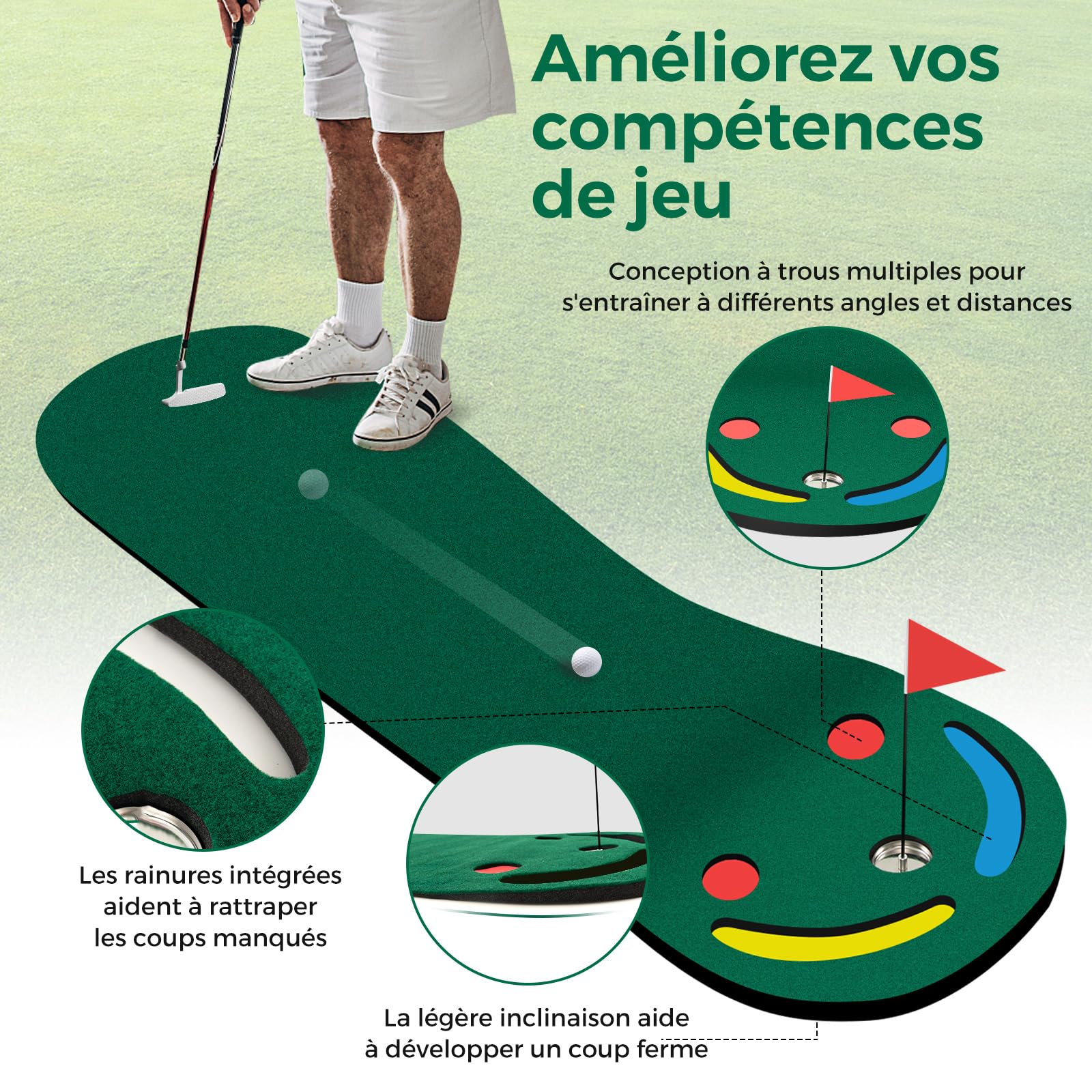 GOPLUS Tapis de Putting Entraînement Golf, Tapis Golf en Intérieur et Extérieur avec 1 Drapeau, 3 Gobelets de Putting, Tapis de Putting pour Enfants et Adultes 300 x 96 cm