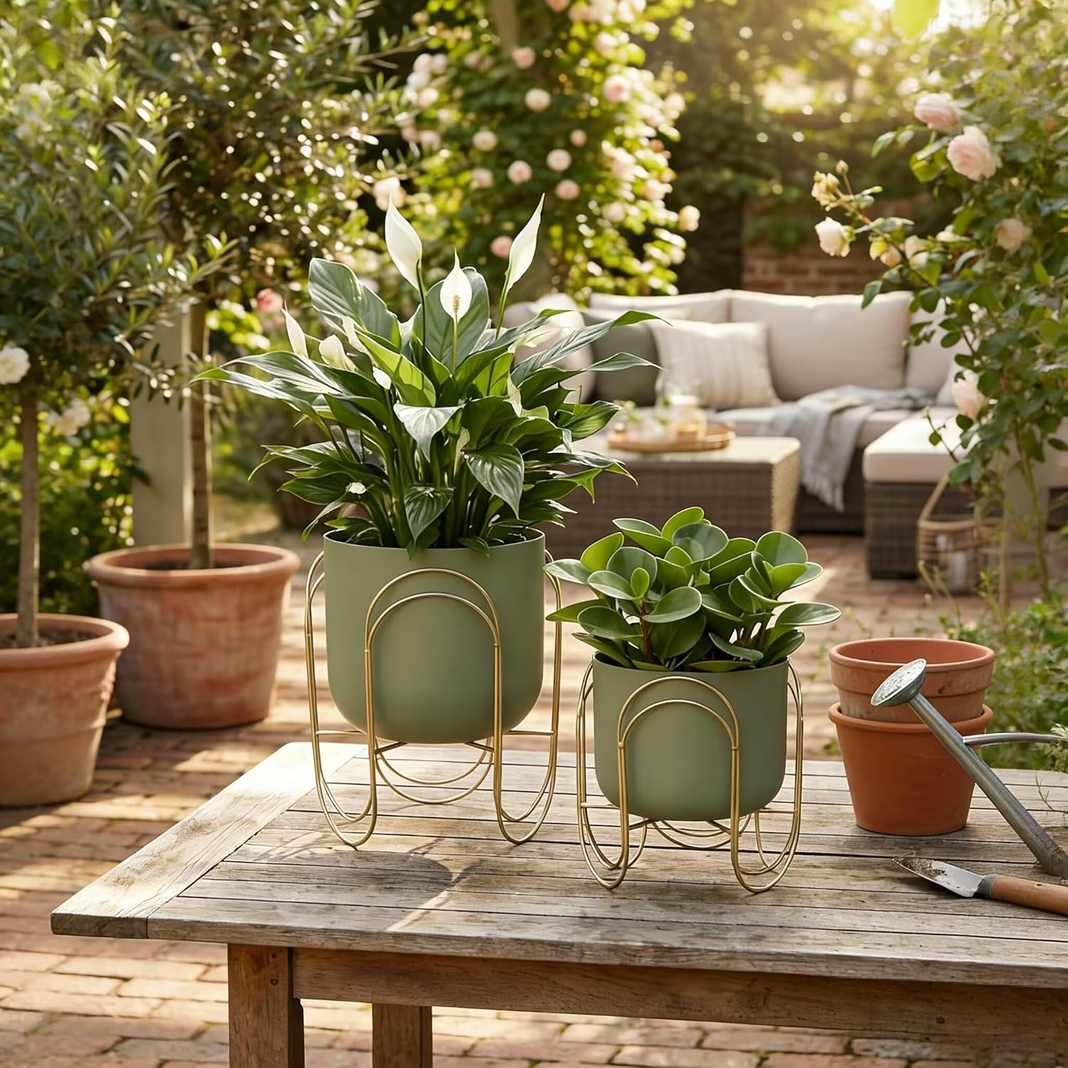 JHY DESIGN Set of 2 Planters with Stand Indoor Outdoor Metal Plant Stand 11.5/8" H Modern Planters Flower Pots for Living Room Corner Kitchen Office Garden Balcony Patio Decor(Green)