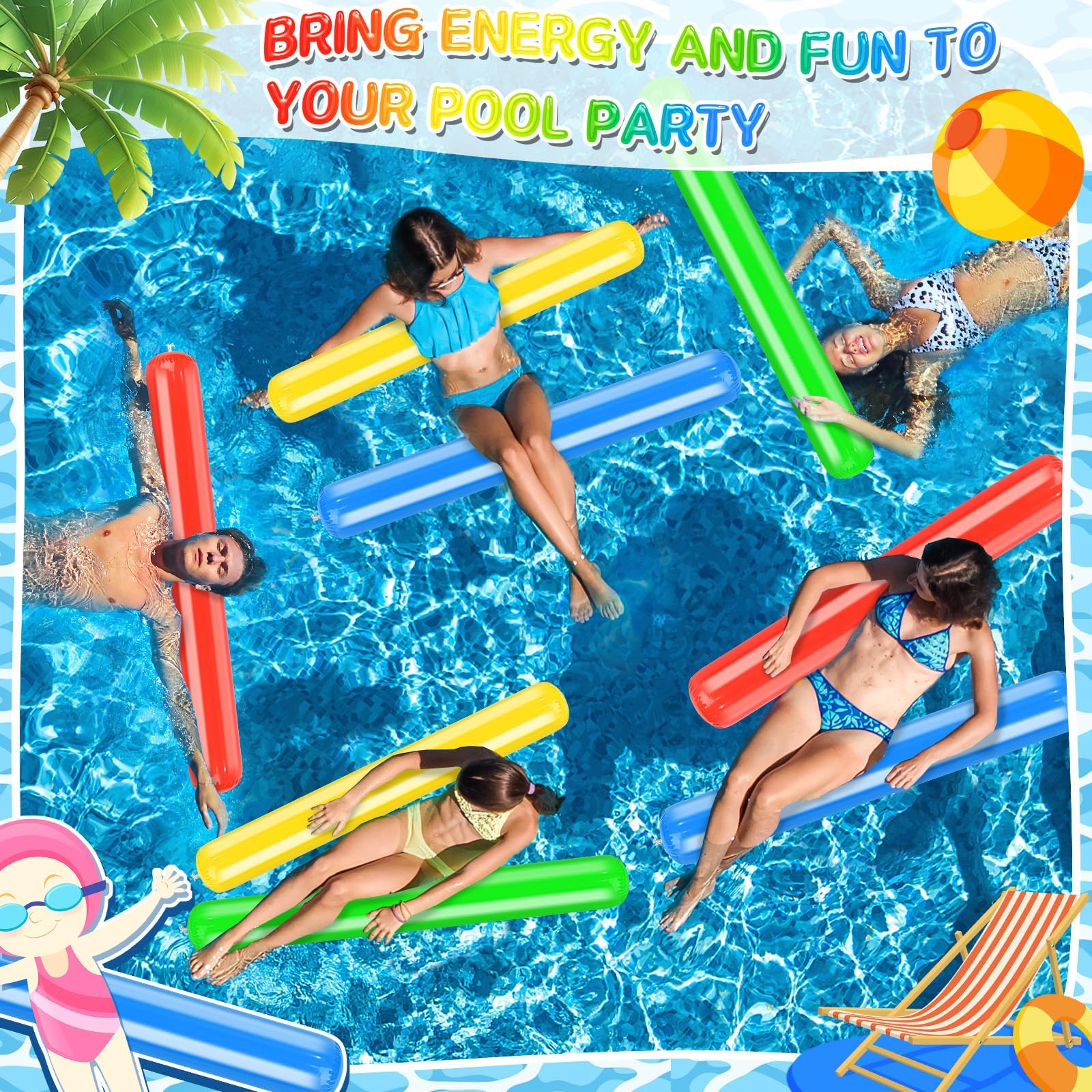 Lot De 4 Noodles De Piscine Gonflables Super Longues – 105 X 15 Cm, PVC Durable – Rouges, Bleues, Jaunes, Vertes – Pour Enfants Et Adultes