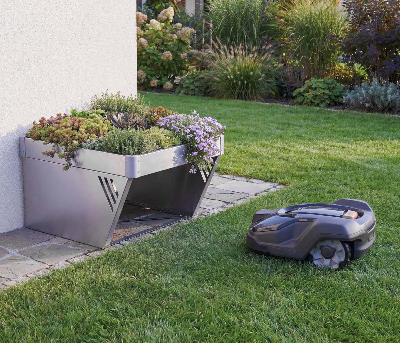 Garaje para robot cortacésped con jardinera HWC-P41, techo refugio cortacésped, metal, 40 x 60 x 70 cm, acero inoxidable