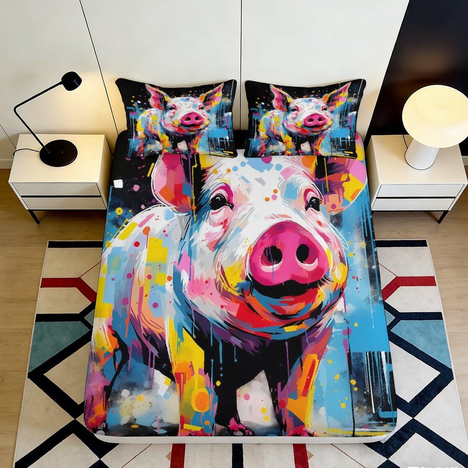 3D Printed Colorful Pig Fitted Sheet Microfiber Artistic Animal Mattress Cover Anti-Slip Washable for Bedroom Dorm Decor 120x200x25cm