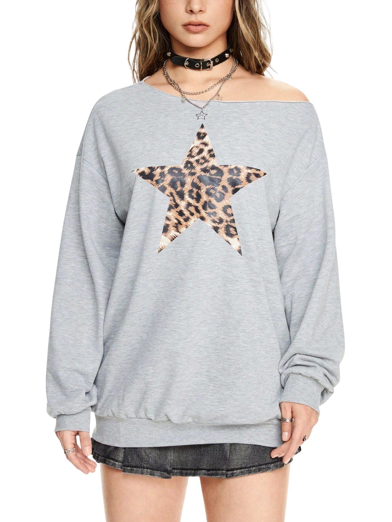 Women's Off-Shoulder Sweatshirt with Leopard Print Star Design, Grey Casual Long Sleeve Pullover-image-35