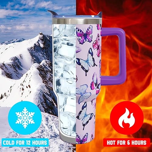 Miniatura 6 de Vaso de 40 onzas con asa y pajita, vaso de acero inoxidable aislado con mariposa, taza de viaje para café, botella de agua, tapa a prueba de fugas,