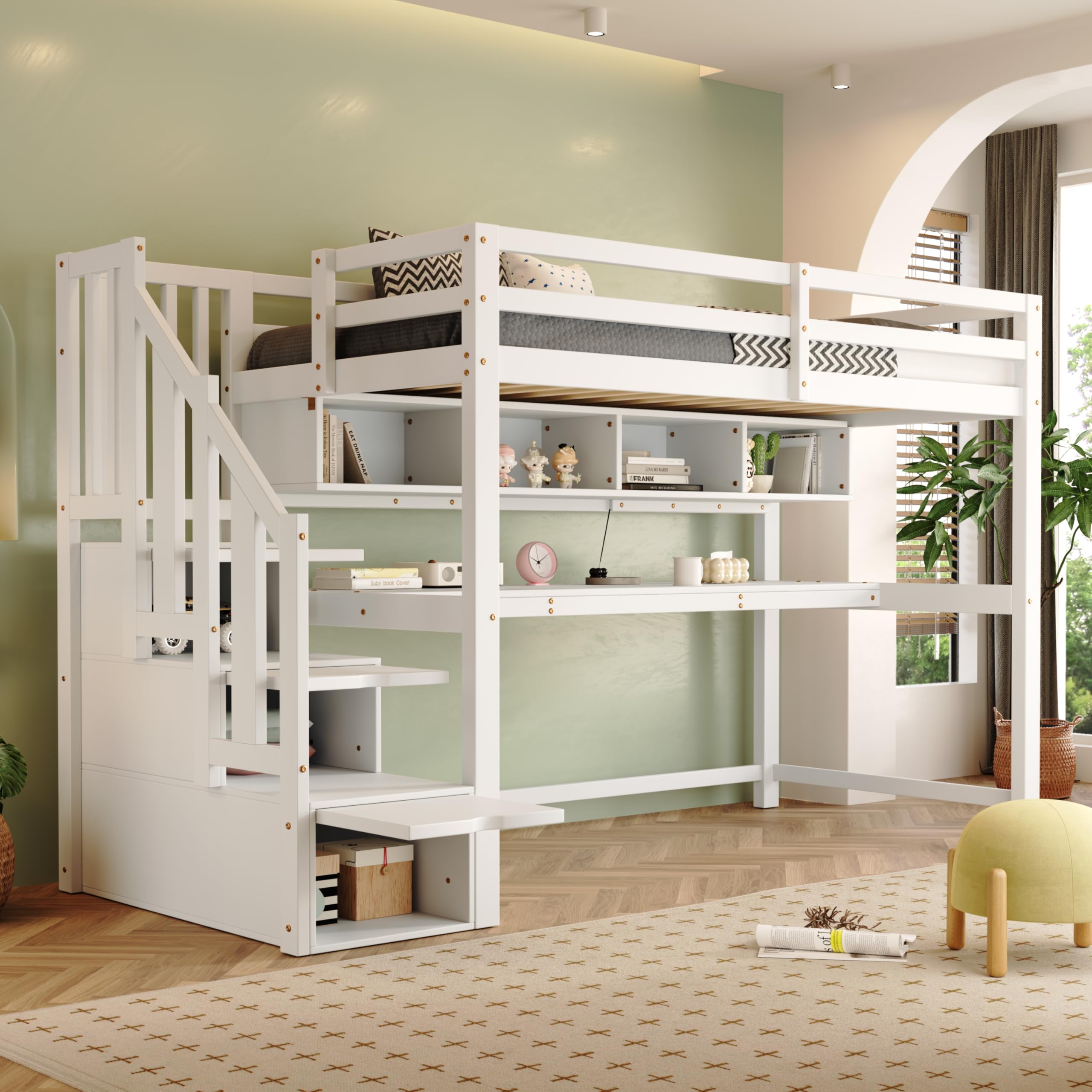 Sapgaks Lit superposé Enfant 90 x 200 avec Bureau et étagères,lit cabane Enfants 90 x 200,lit Mezzanine 1 Places avec Barriere,avec escalier de Rangement,Blanc