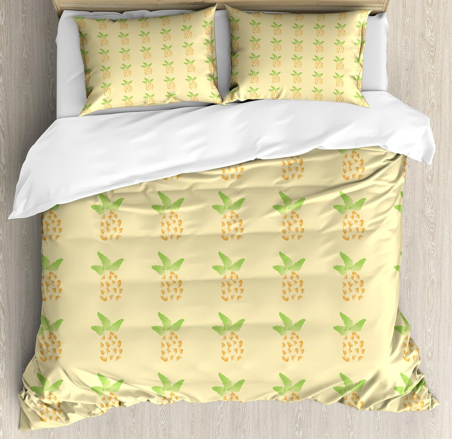 Ambesonne Exotic Duvet Cover Set, Watercolor Pineapple with Brush Strokes Hawaii Themed Illustration, Decorative 3 Piece Bedding Set with 2 Pillow Shams, Queen Size, Orange Pale Yellow Green