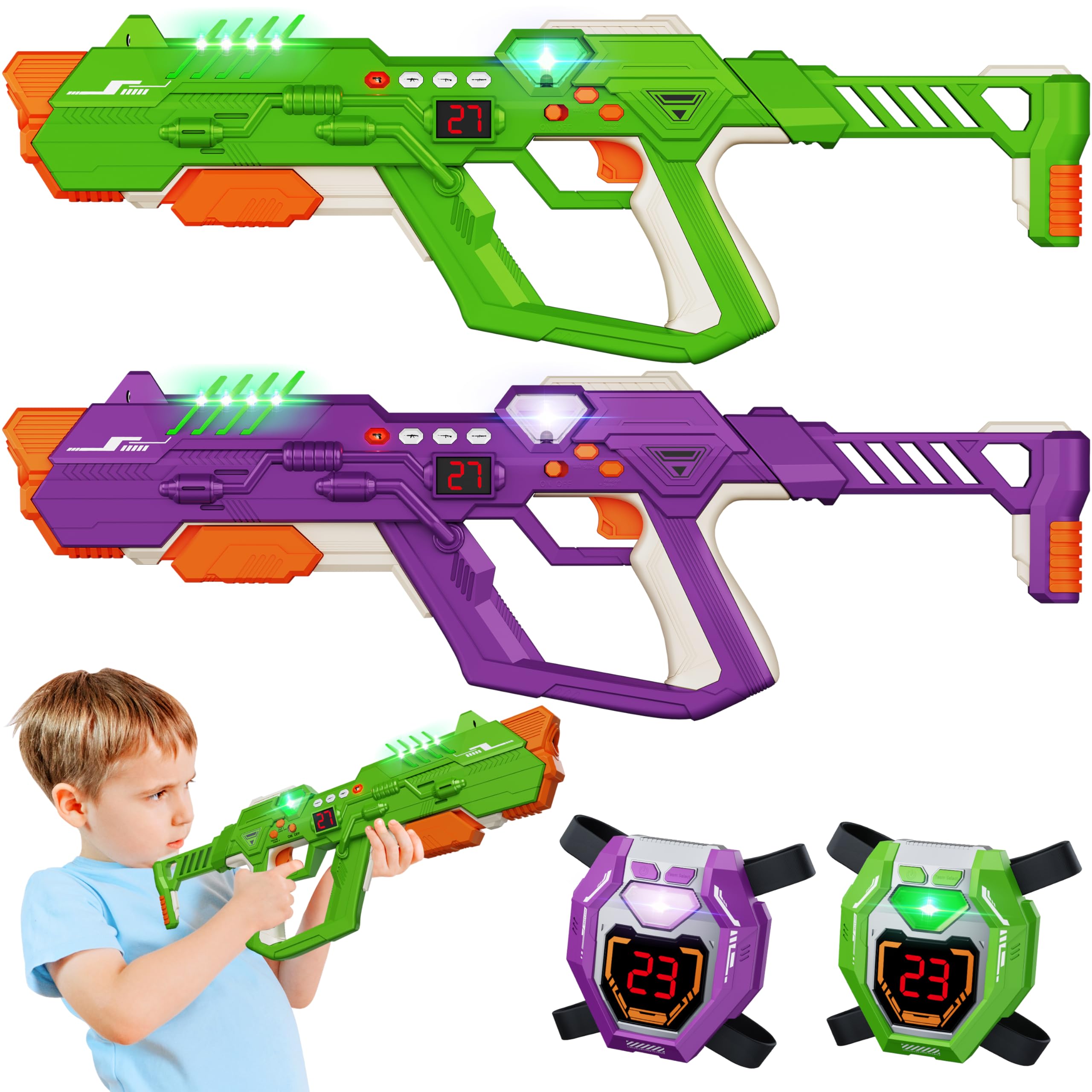 Kusntin Laser Tag Guns Set of 2 & Vests, 2 Player Digital LED Display, Infrared Multi-Function Toy Gun, Arcade Gifts for Kids & Adults, Indoor & Outdoor Play Toy for Boys Girls for 8-12+ Years Old