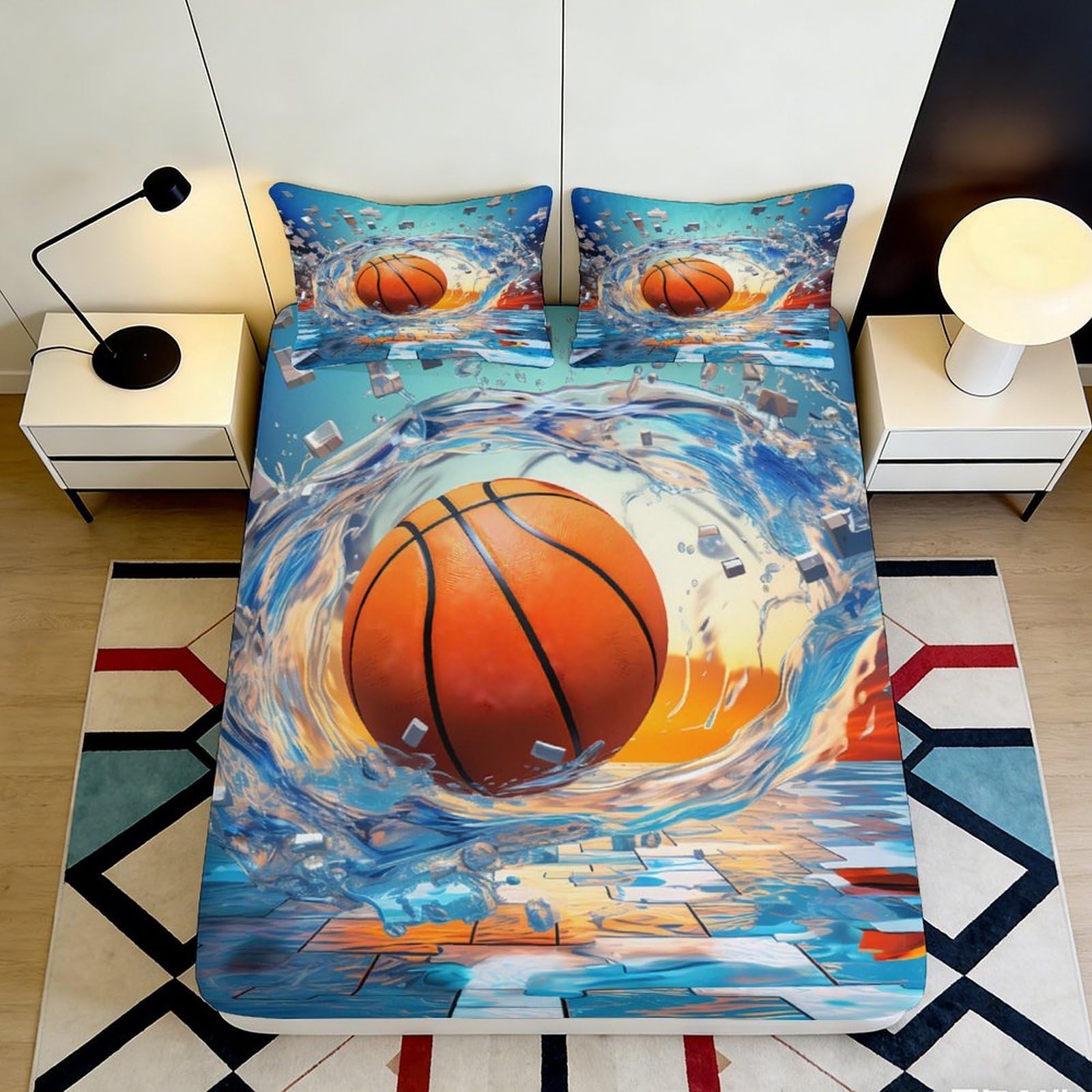 3D Printed Basketball Splash Fitted Sheet Microfiber Soft Decor Mattress Cover for Bedroom Youth Room Dorm Use 90x200x25cm