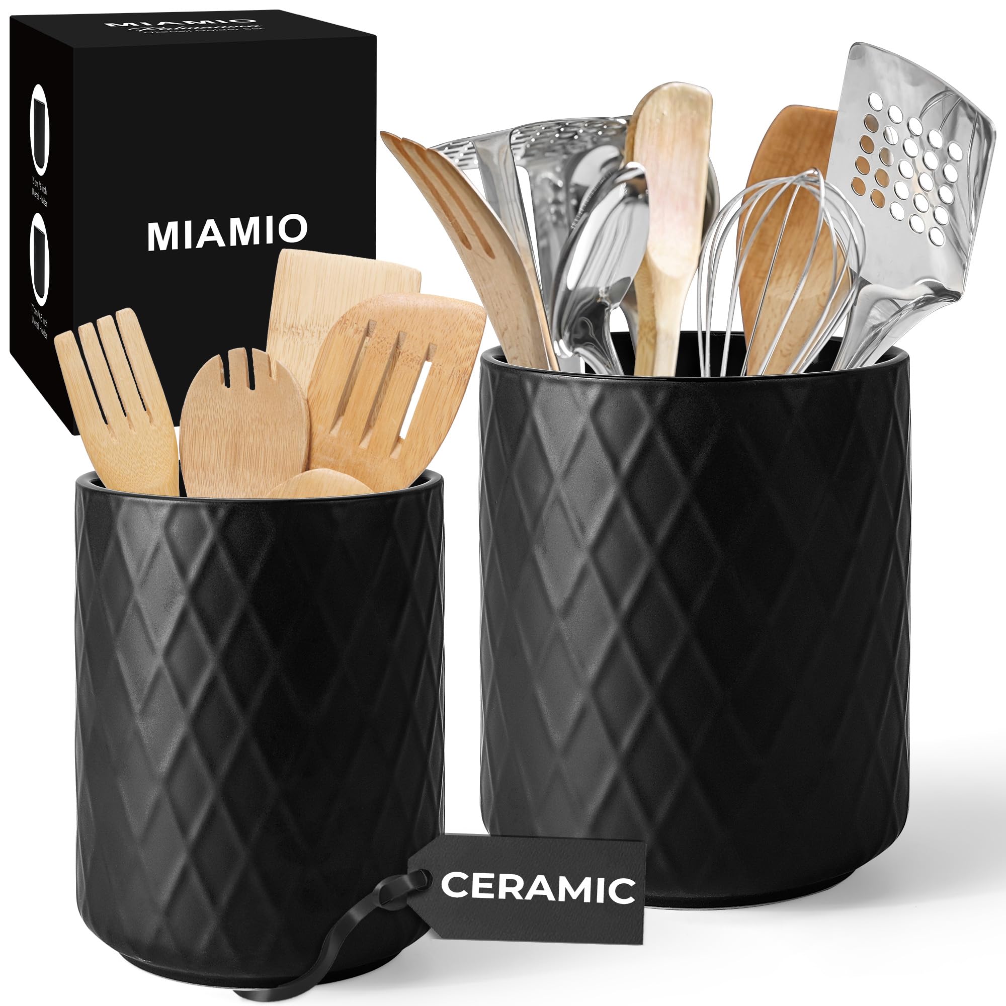 MIAMIO – Kitchen Utensil Holder Ceramic / Kitchen Organizer Set, Farmhouse Decor for Organizing Countertop and Storing Cutlery, Cooking Spoons, and Accessories - Palmanova Collection (Black)