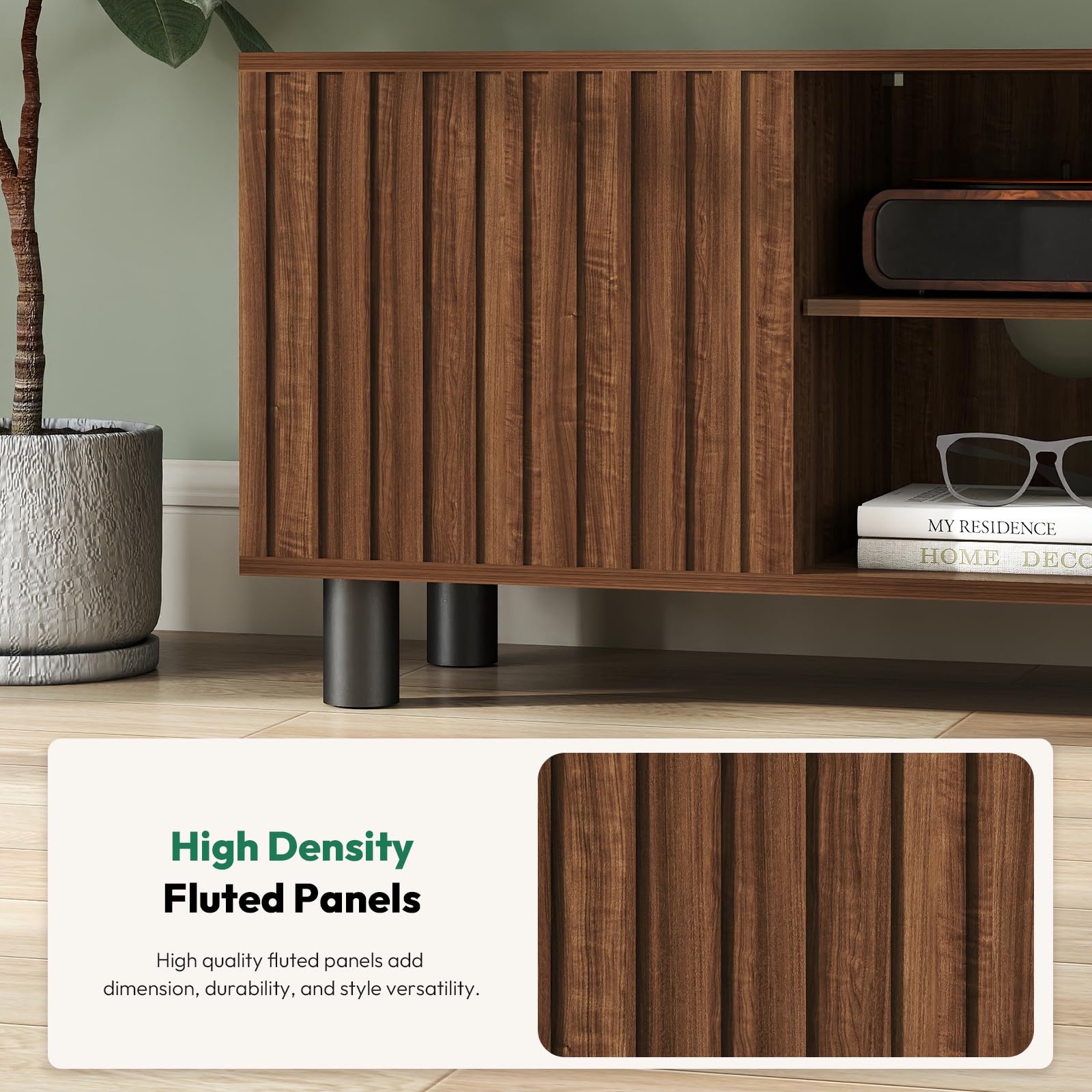 TV-Stand with Mount and Power Outlet, Fluted TV Stand for 65 70 75 Inch TV, Entertainment Center with Storage, Media Console Table for Living Room, Walnut