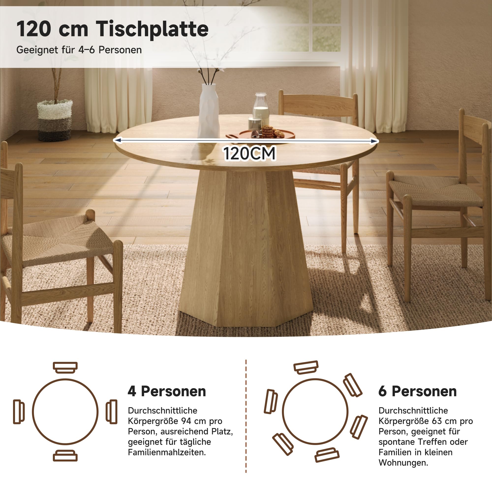 Tavolo da pranzo rotondo, 120 cm, tavolo da cucina rotondo per 4