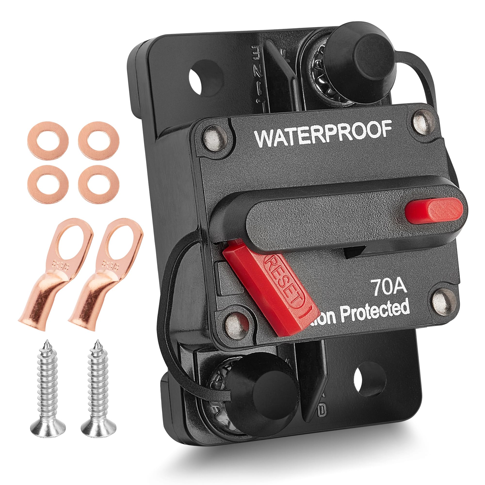 RED WOLF 70A Car Circuit Breaker w/Manual Reset Switch Inline Fuse Holder Inverter for Motor Trolling Vehicles Audio Radio Solar System Protection 12V-48V DC with Wire Lugs Copper Washer Screws