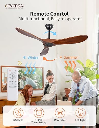 Miniatura 4 de Ceversa Ventilador de techo con luces y control remoto, sin luces, 3 aspas de madera de 52 pulgadas, ventiladores de techo para interiores y