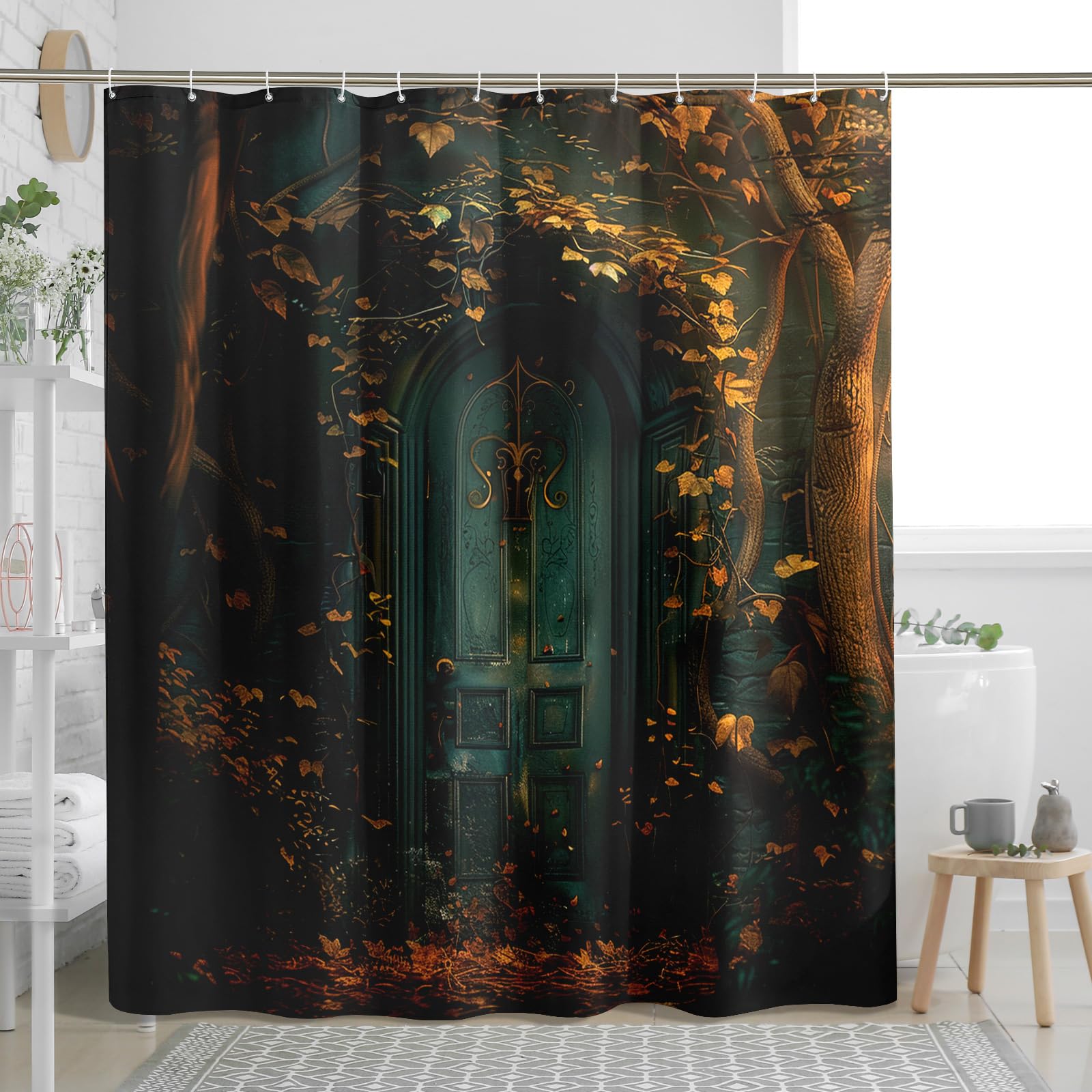 Mystery Door Shower Curtain with 12 Hooks Aesthetic Vintage Jungle Landscape Luxury Dooe Teal Polyester Fabric Waterproof Decorative Bathroom Hotel Dorm Patterned Shower Curtain 72X78 Inch