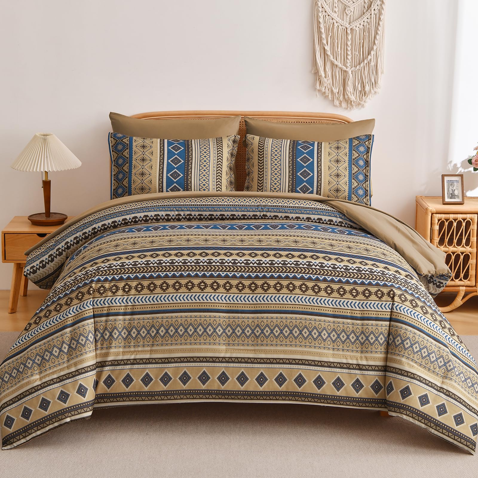 Mybedsoul Brown Boho Style Striped Comforter Set 7 Pieces, Queen Size Aztec Bed in a Bag, All-Season Bedding Set with Sheets &amp; Pillow Shams, Bohemian Geometric Pattern