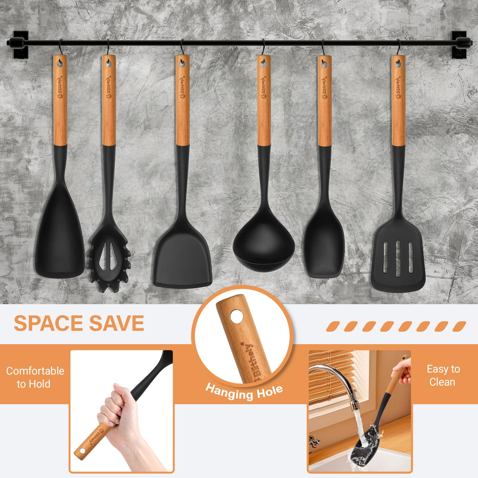 Silikon-Kochutensilien-Set, 6 Stück, großes Küchenutensilien-Set mit Holzgriff, hitzebeständiges Silikon-Utensilien-Spatel-Set für antihaftbeschichtetes Kochgeschirr, Spatel, Pfannenwender, Löffel