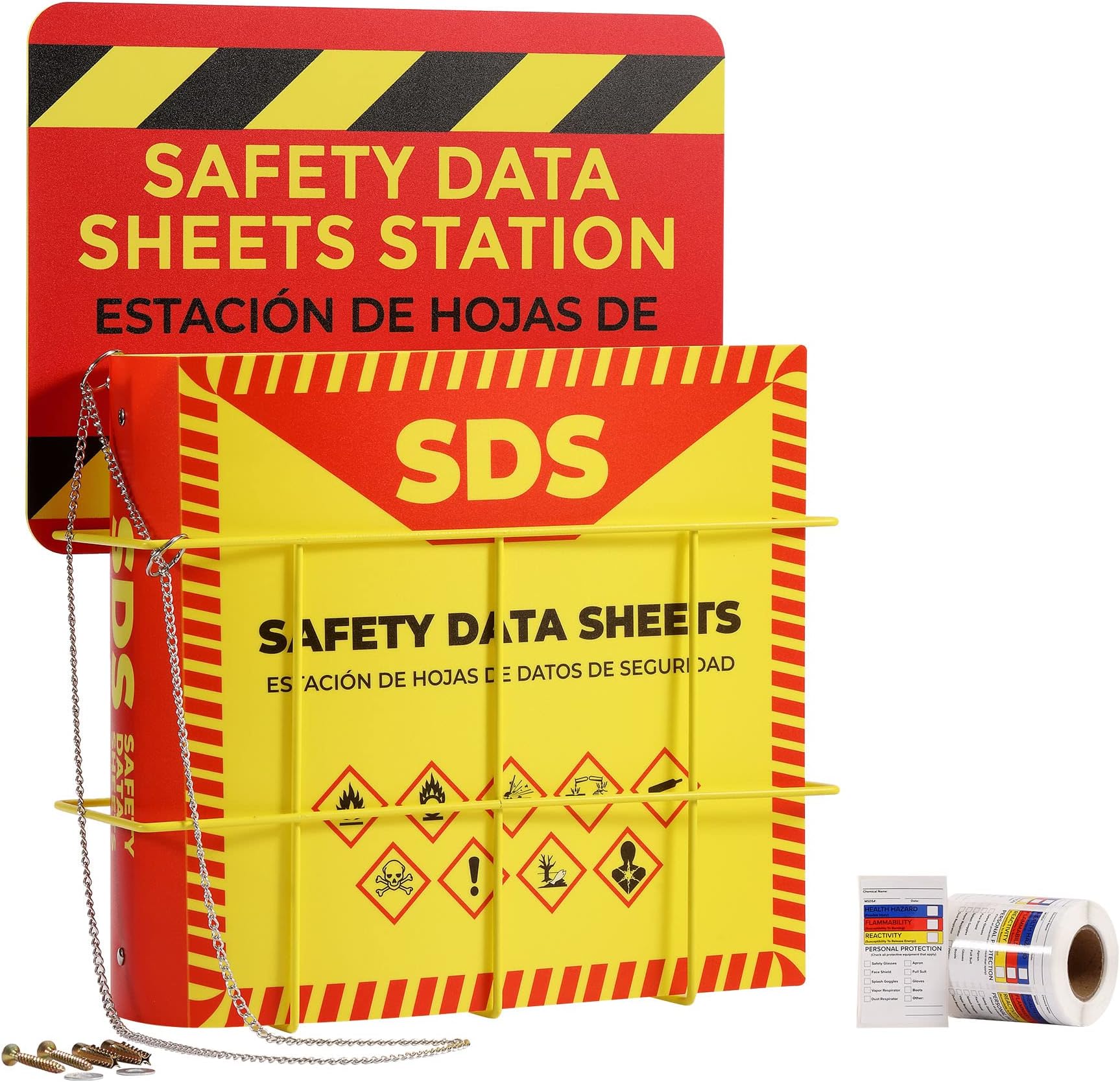 AdirPro Safety Data Sheet Station - Wall Mount SDS Station Displays GHS Hazard Pictograms - Includes Bilingual Backplate, Metal Display Rack, SDS Binder & 250 MSDS Stickers (Red/Yellow)