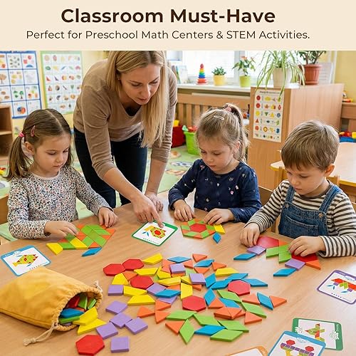 Miniatura 5 de LovesTown 209 piezas de bloques de madera con formas para niños, geométricos con tarjetas de actividades y bolsa de almacenamiento, rompecabezas