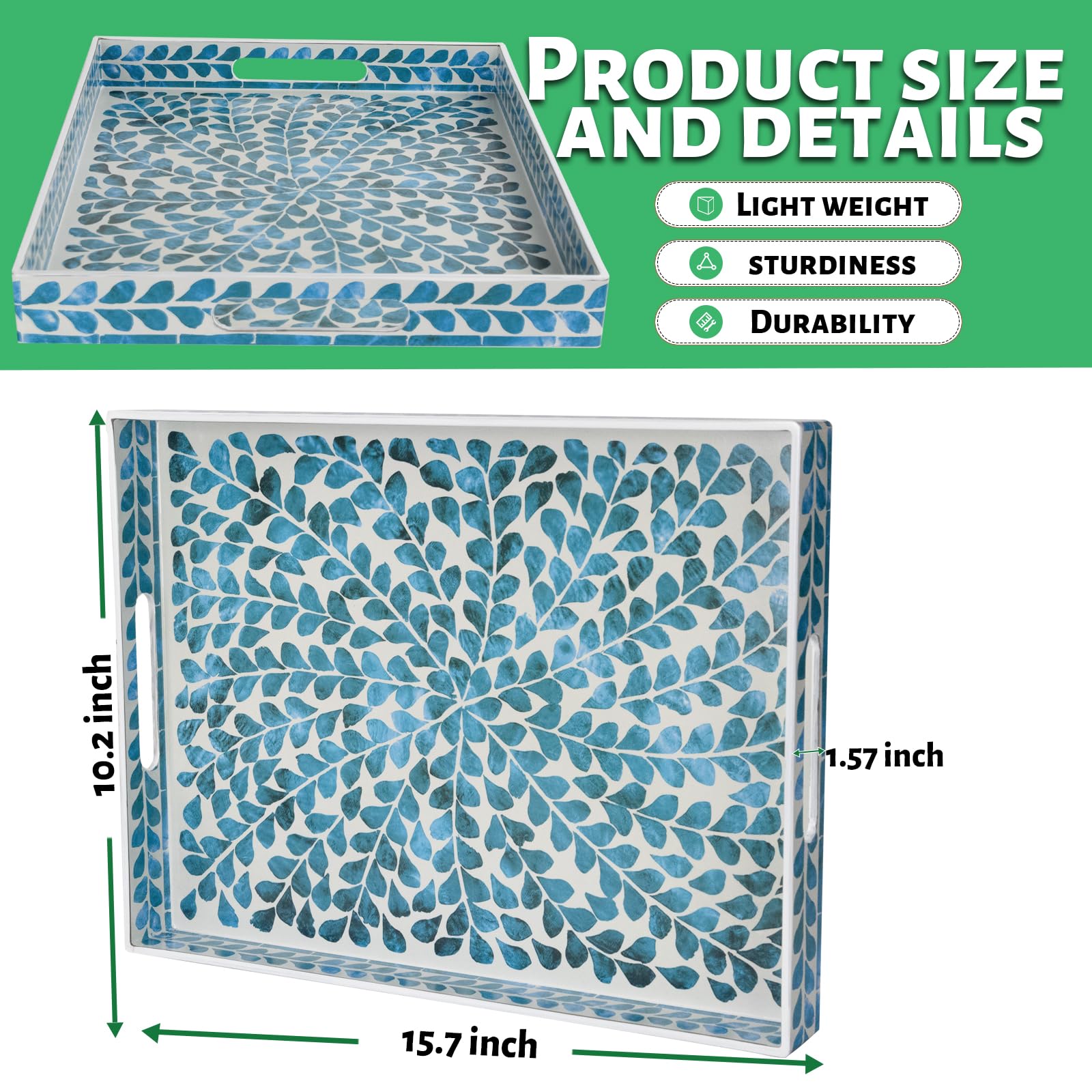 MAONAME Blue Decorative Tray, Plastic Serving Tray with Handles, Leaf ...