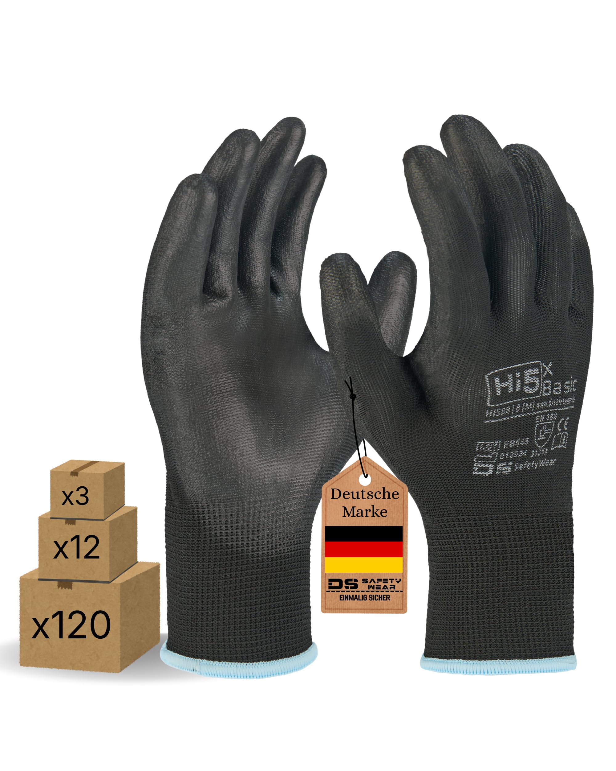 Hi5 X-Basic Arbeitshandschuhe – 13G Polyester – PU-Handflächenbeschichtung – ergonomisch & flexibel – EN 388:3131X – schwarz (S, 120, stück)