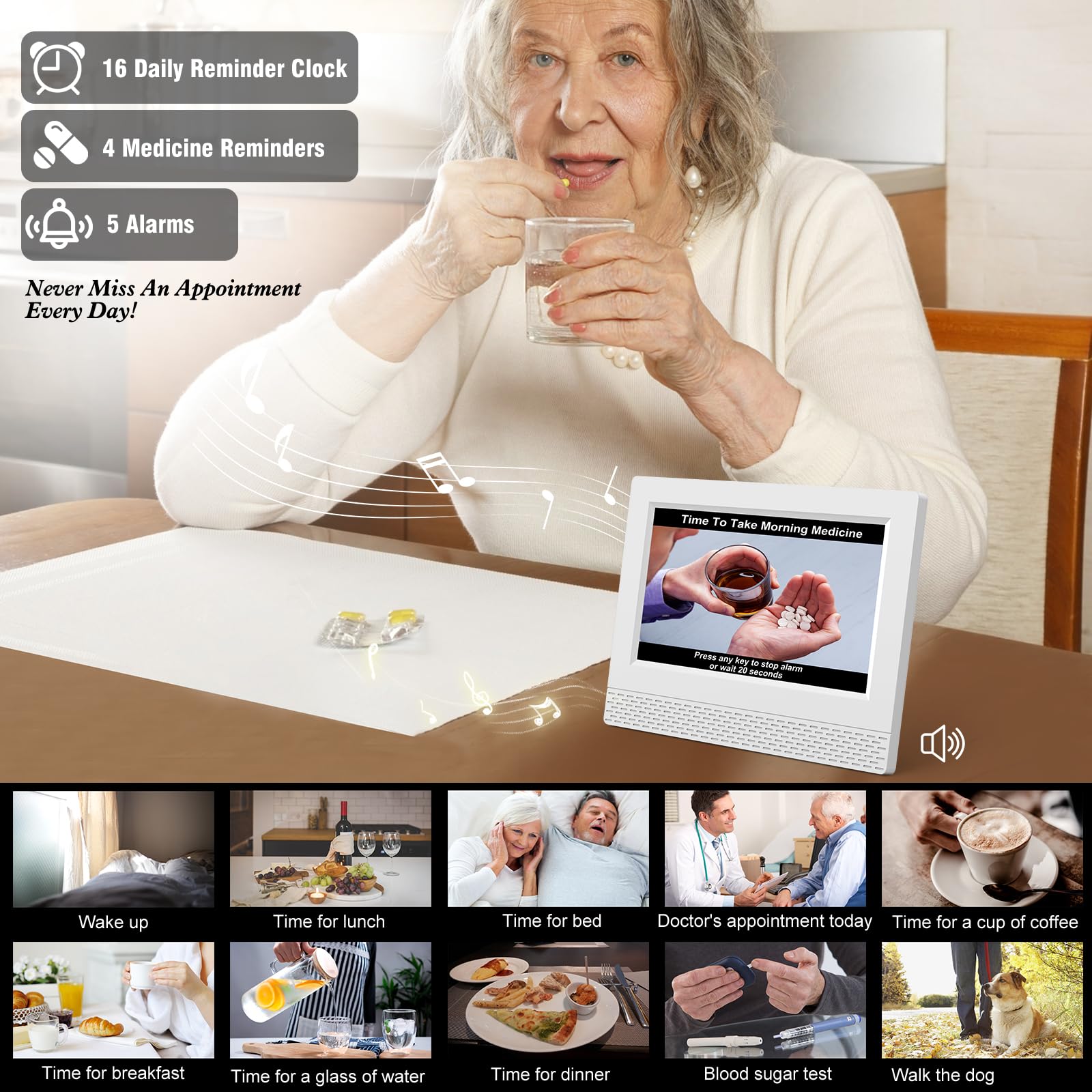 Budzik Cyfrowy Kalendarz Zegar, 7" LCD Automatyczne ściemnianie z czasem, datą, rokiem miesiącem dzień bez skrótu Pełny zegar dla osób starszych Utrata pamięci Alzheimer demencja - biały