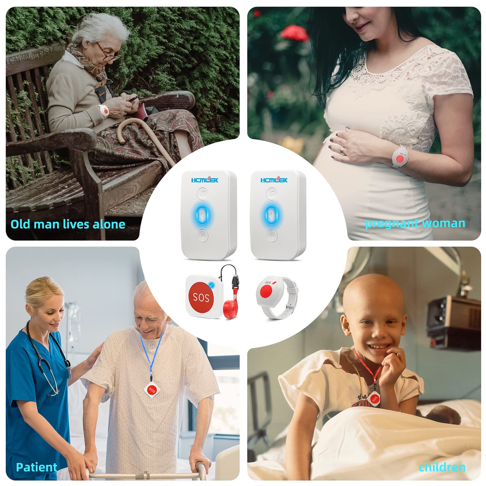 Bouton d'appel d'urgence pour personnes âgées avec bracelet d'appel d'urgence pour seniors, écoute-bébé pour personnes âgées pour appel d'urgence à domicile, fonctionne avec appel de soins,