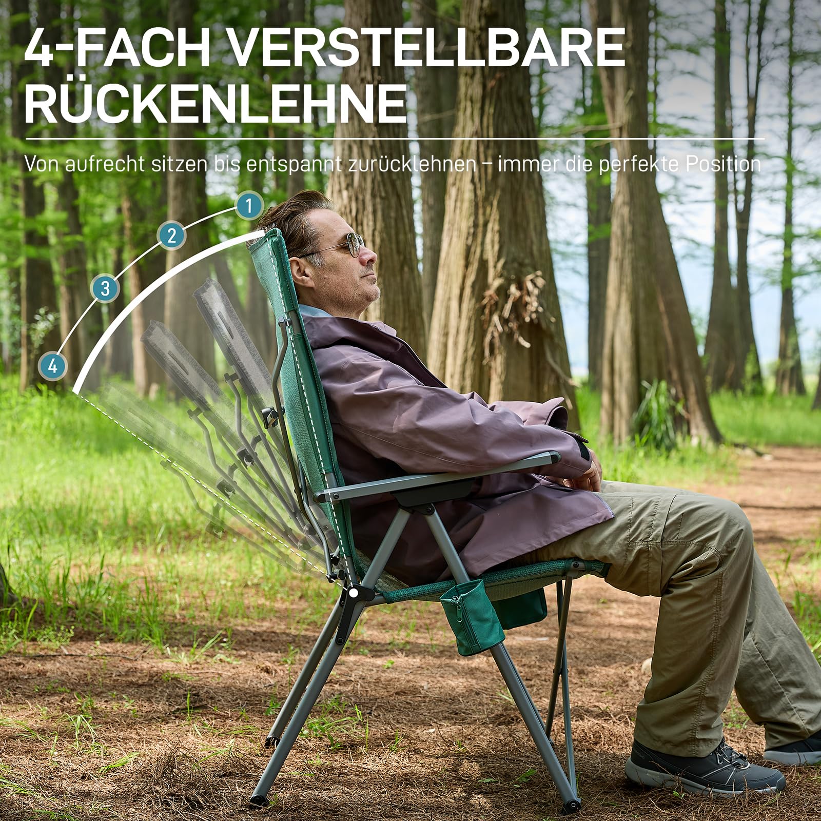 EVER ADVANCED Campingstuhl Faltbar Rückenverstellbar in 4 Positionen Klappstuhl Hohe Lehne bis 160KG, Gartenstuhl aus Netzgewebe mit Seitentasche Getränkhalter, Anglerstuhl für Camping Garten Balkon