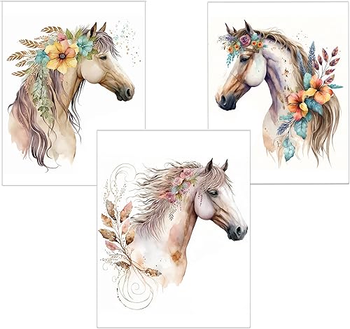 Miniatura 1 de Arte de pared de caballos de colores primaverales, impresiones de pintura de animales, 8.5 x 11 pulgadas, listo para colgar, 3 paneles, caballos