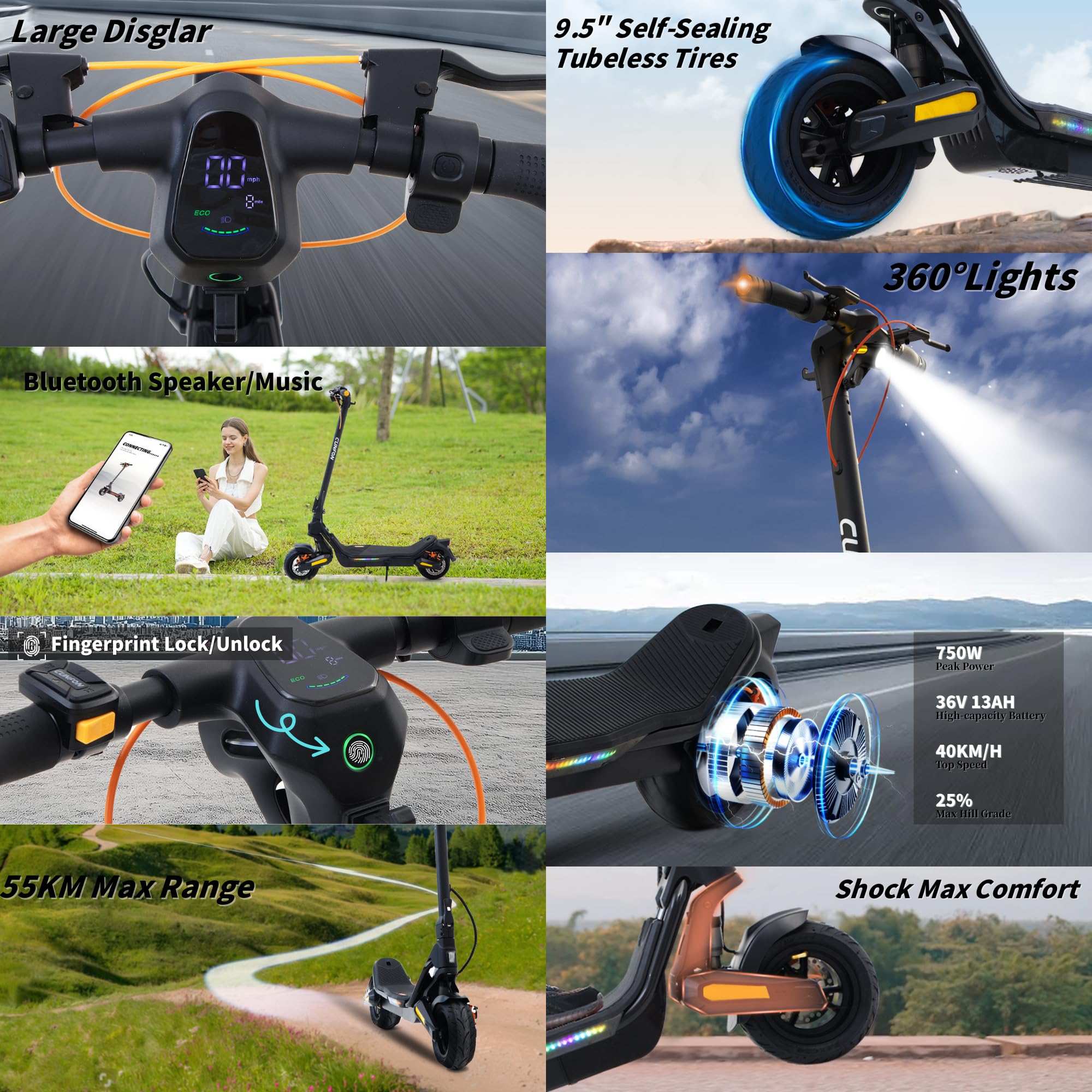 Trottinette Electrique Adulte, Moteur 1000W, Autonomie 45-55KM, Batterie 13 Ah, 9.5" Tout Terrain Trotinette Electrique Pliable, Double Amortisseurs, Double Frein, avec App