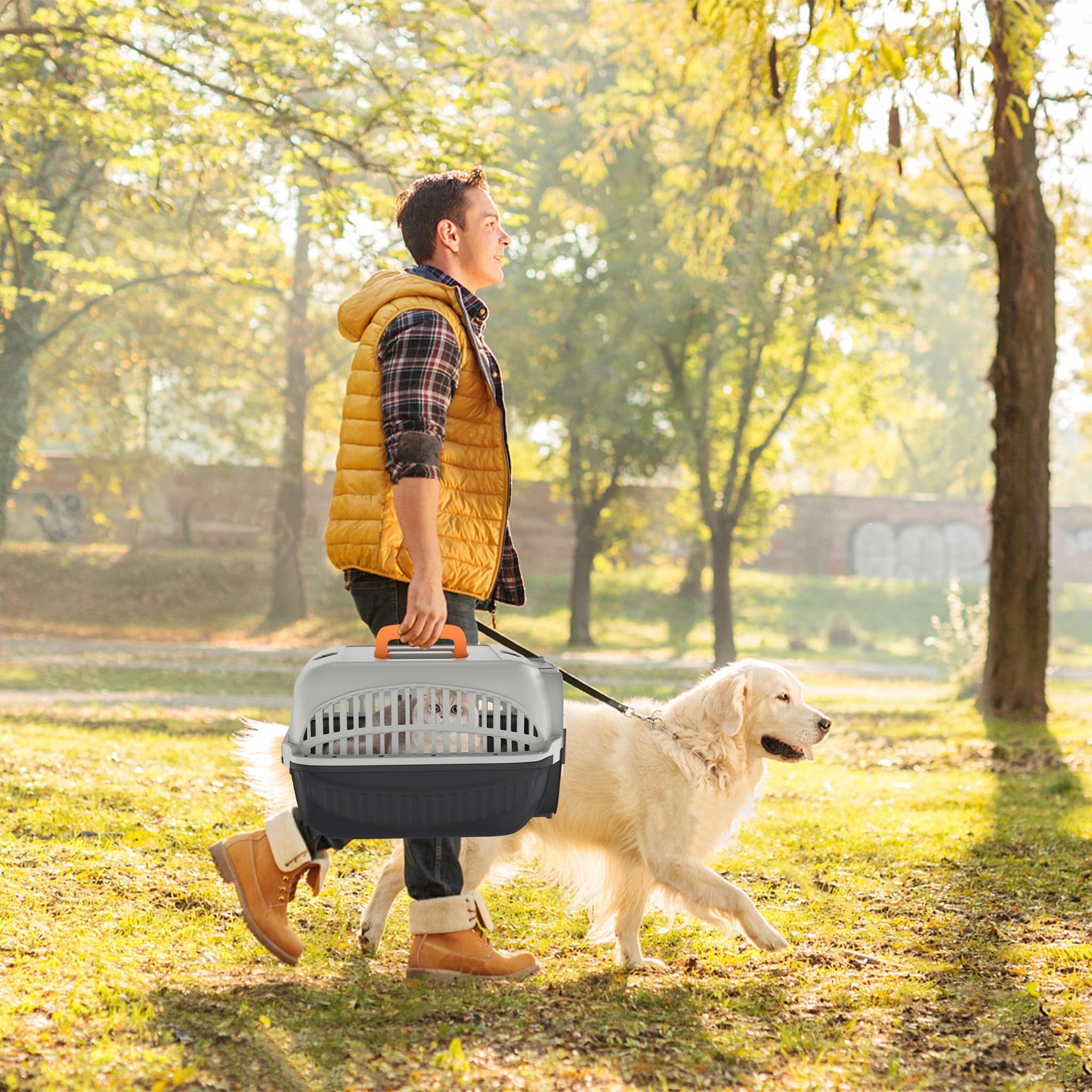 UISEBRT Katzentransportbox, Transportbox Katze mit Metalltür Vorne Tiertransportbox,Transportbox Hund für Kleine Haustiere/Katzen/Hunde/Kaninchen bis 10 kg, Grau+Schwarz