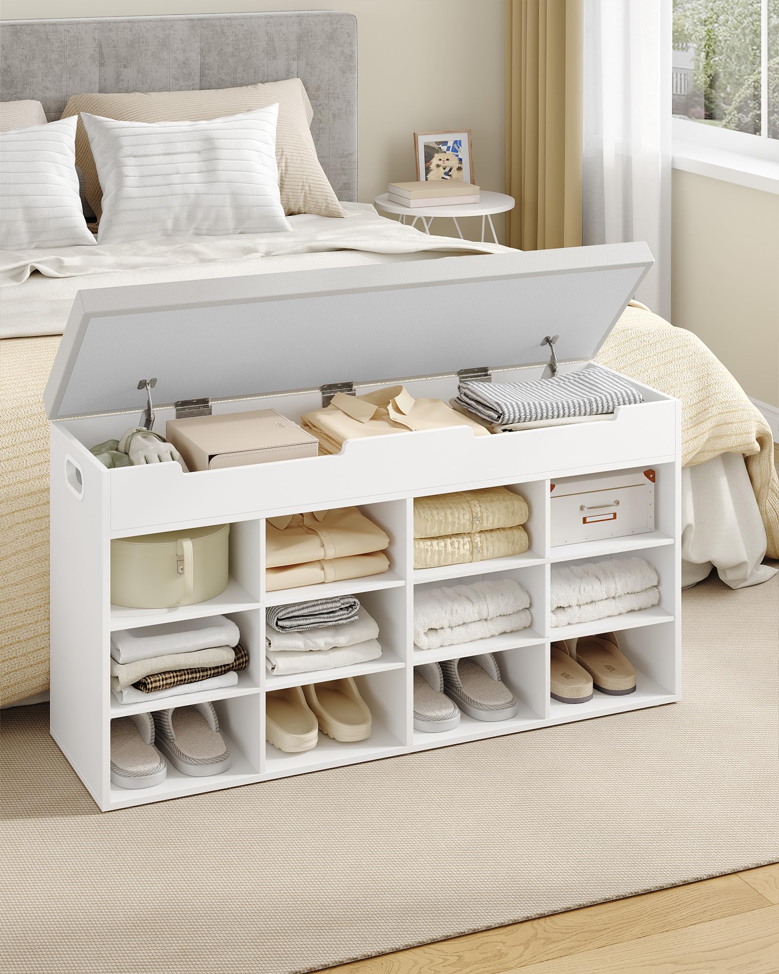 Hzuaneri Schuhbank, Schuhregal Mit Sitzfläche, Sitzbank Mit Stauraum, 12 Fächer, Herausnehmbare Regale, Geeignet für Wohnzimmer, Flur, Eingang, 30 x 100 x 55 cm, Weiß SB53503GY