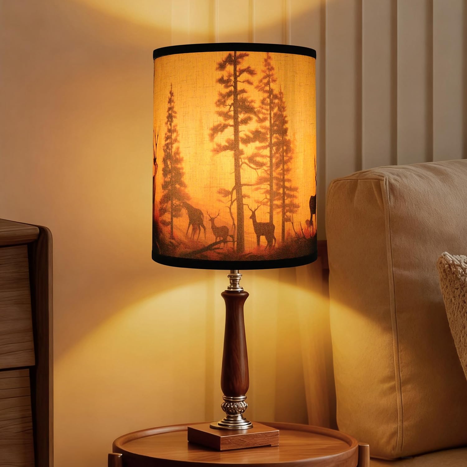 Rustic Deer Printed Tall Drum Lamp Shades Set of 2. 10" x 10" x 11.8" Brown Tall Drum Lampshades for Cabin Lodge Decoration. Spider Fitter Lampshades for Table & Floor Lamp Replacement. Easy Assembly