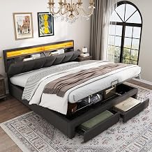 LED Upholstered Storage Bed with Hydraulic Lift, Double 4ft6 Bed, Grey Linen Fabric, Wooden Slatted Frame, Stowable Headboard, Underbed Drawers & Storage CompartmentsA08, King U.K. Standard