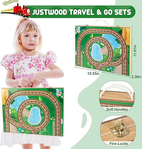 Miniatura 6 de Juego de pista de tren para llevar con caja de almacenamiento 2 en 1, juego de tren de madera para niños pequeños de 2 a 4 años, juguete de tren de