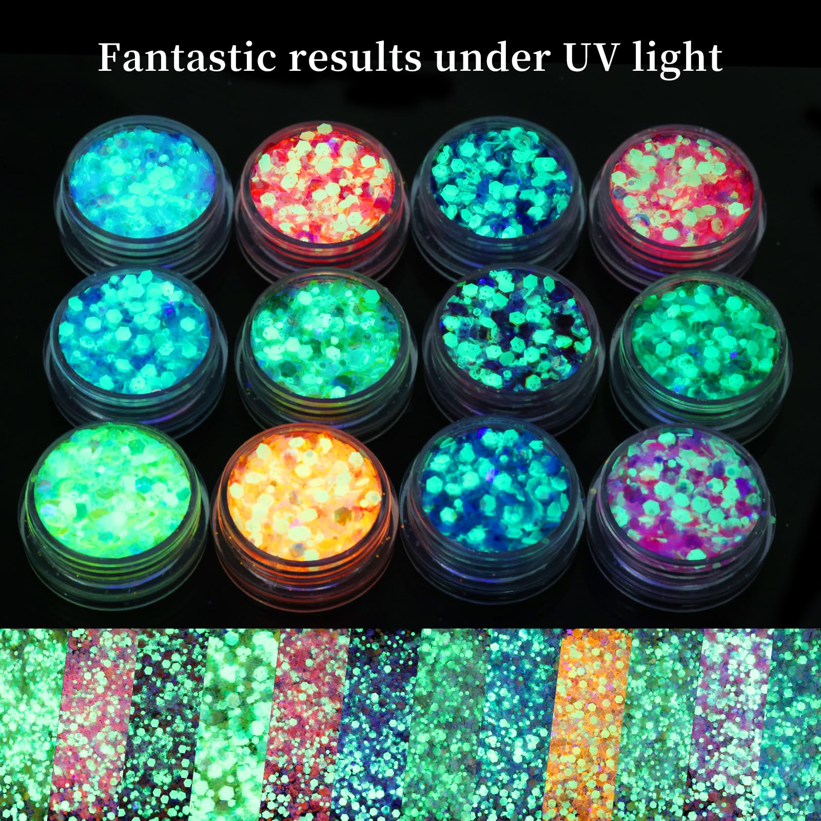editTime Shiny 12 Colors 3D Color Gradient Holographic Laser Mermaid Chameleon Flakes Nail Art Sequins Glitter Powder Accessories with Quick Dry Makeup Glue and Nail Pen Brushes (Night Glow 12pcs)