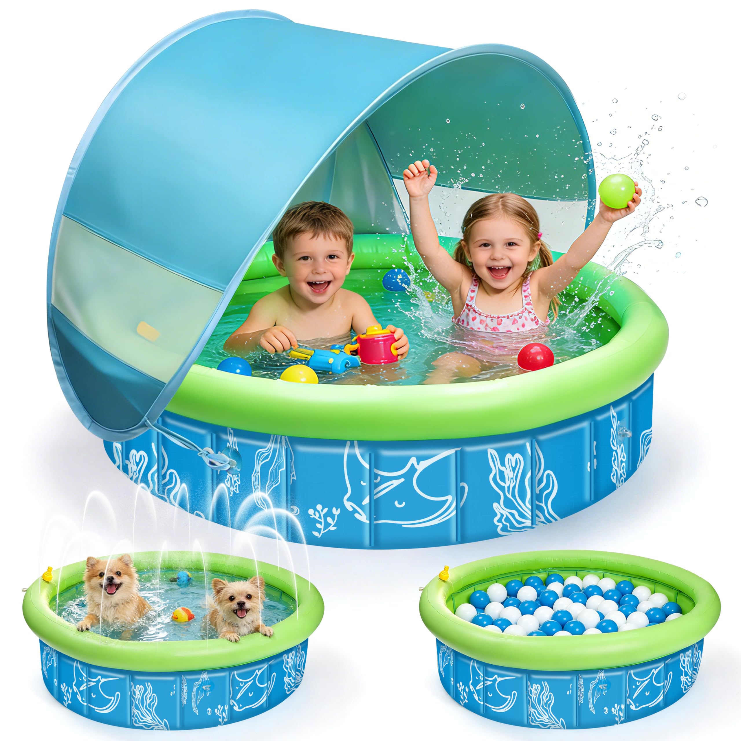 Piscina per Bambini Pop-Up 4-in-1, 100x30 cm Tenda da Spiaggia con Spruzzi d'Acqua, Piscinetta Neonato Spiaggia con Anti-UV SPF 50+, Tenda Portatile per Giardino, Spiaggia Picnic
