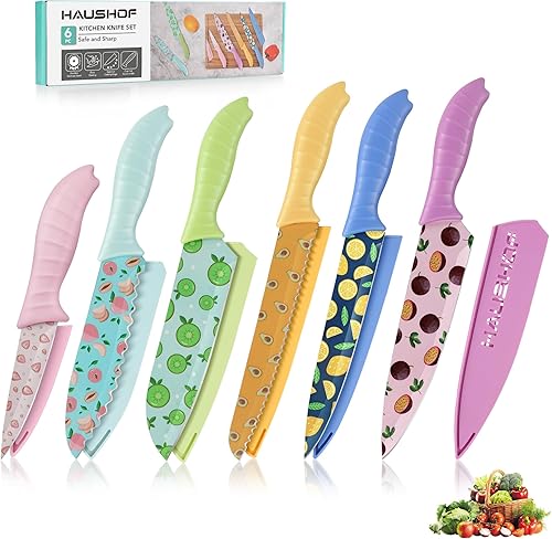 HAUSHOF Juego de cuchillos de cocina, juego de cuchillos coloridos de 12 piezas con fundas, cuchillas de acero inoxidable con revestimiento