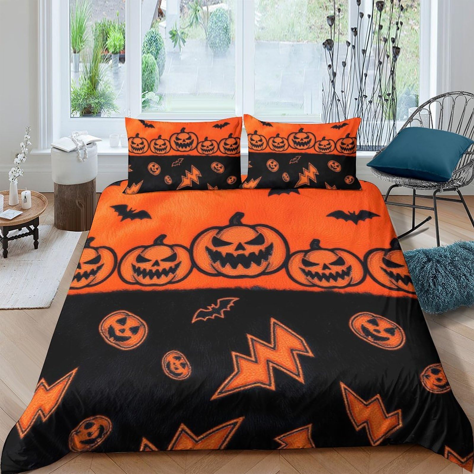 Ctjqhvkz Style-9 3D Printed Halloween Pumpkin Fitted Sheet Microfiber Orange Black Bed Cover For Bedroom Guest Room Dorm Decor Single（135X200cm）