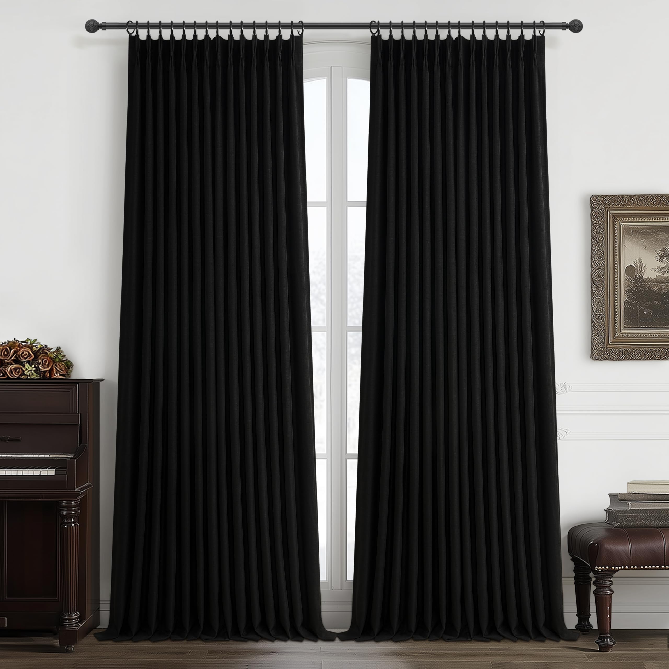 High Ceiling Extra Long Pinch Pleated Black Out 108 Inch Curtains for Patio Sliding Door, Textured Blackout Natural Linen 2 Layer Tall Curtain 9 FT Length Drapes for Dining Room Windows 2 Panels Decor