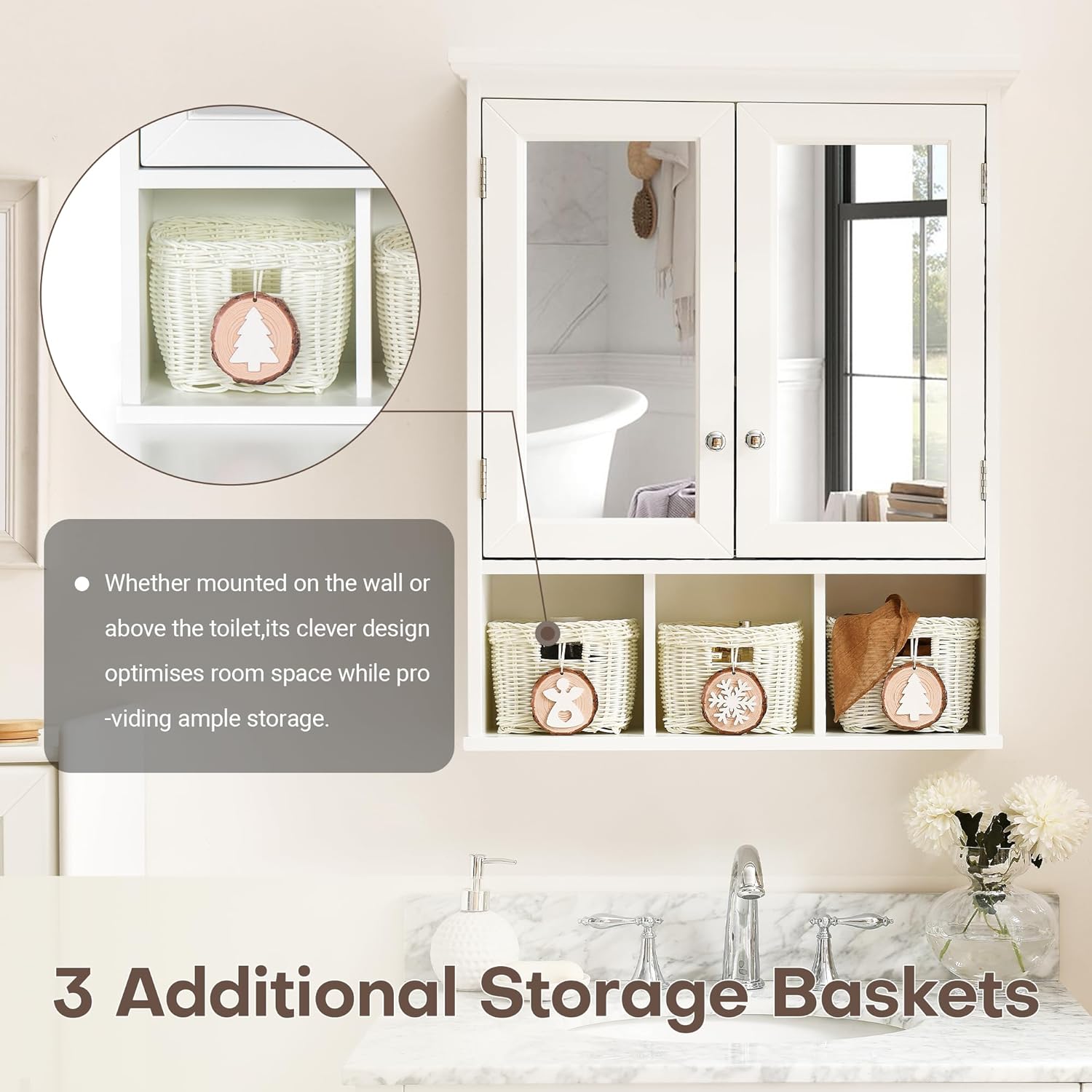 Bathroom Medicine Cabinet with Mirror Doors, Wall Mounted Cabinet with 2 Adjustable Shelves and 3 Storage Baskets, Over The Toilet Wall Cabinet for Bathroom, Laundry Room, Kitchen