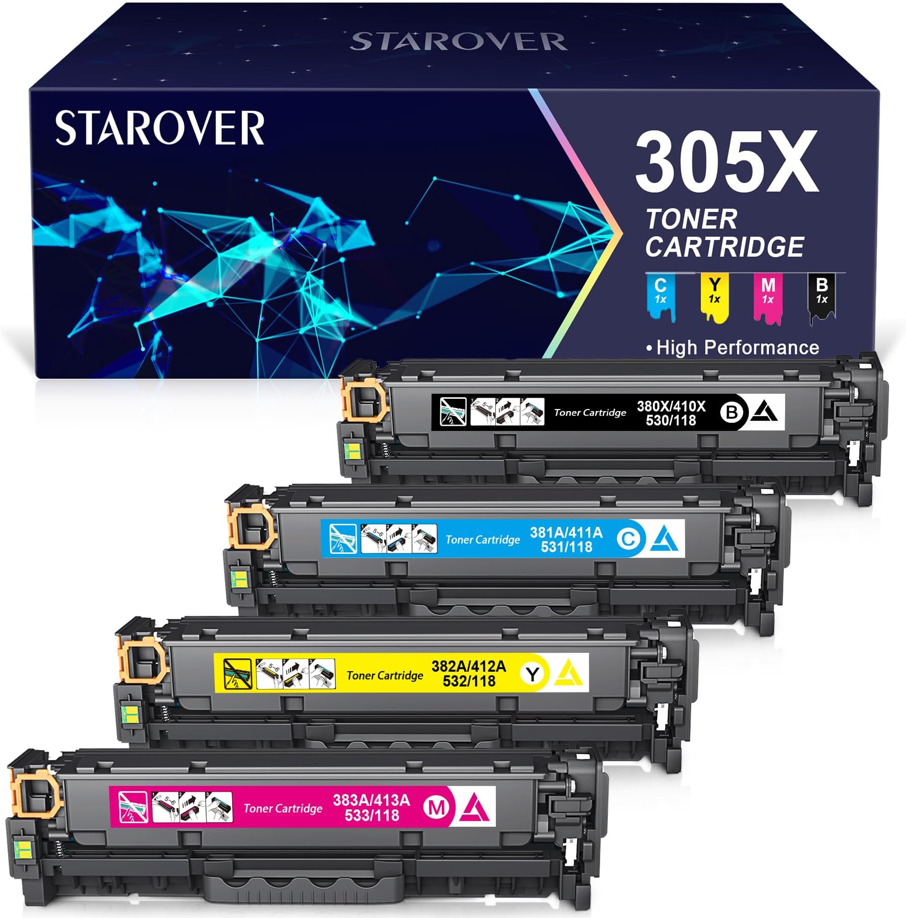 305X CE410X Remanufactured Compatible Toner Cartridge Replacement for HP 305A CE411A CE412A CE413A for HP LaserJet Pro 400 color M451dn M451nw M451dw MFP M475dw M475dn M375nw M351a (4-Pack)