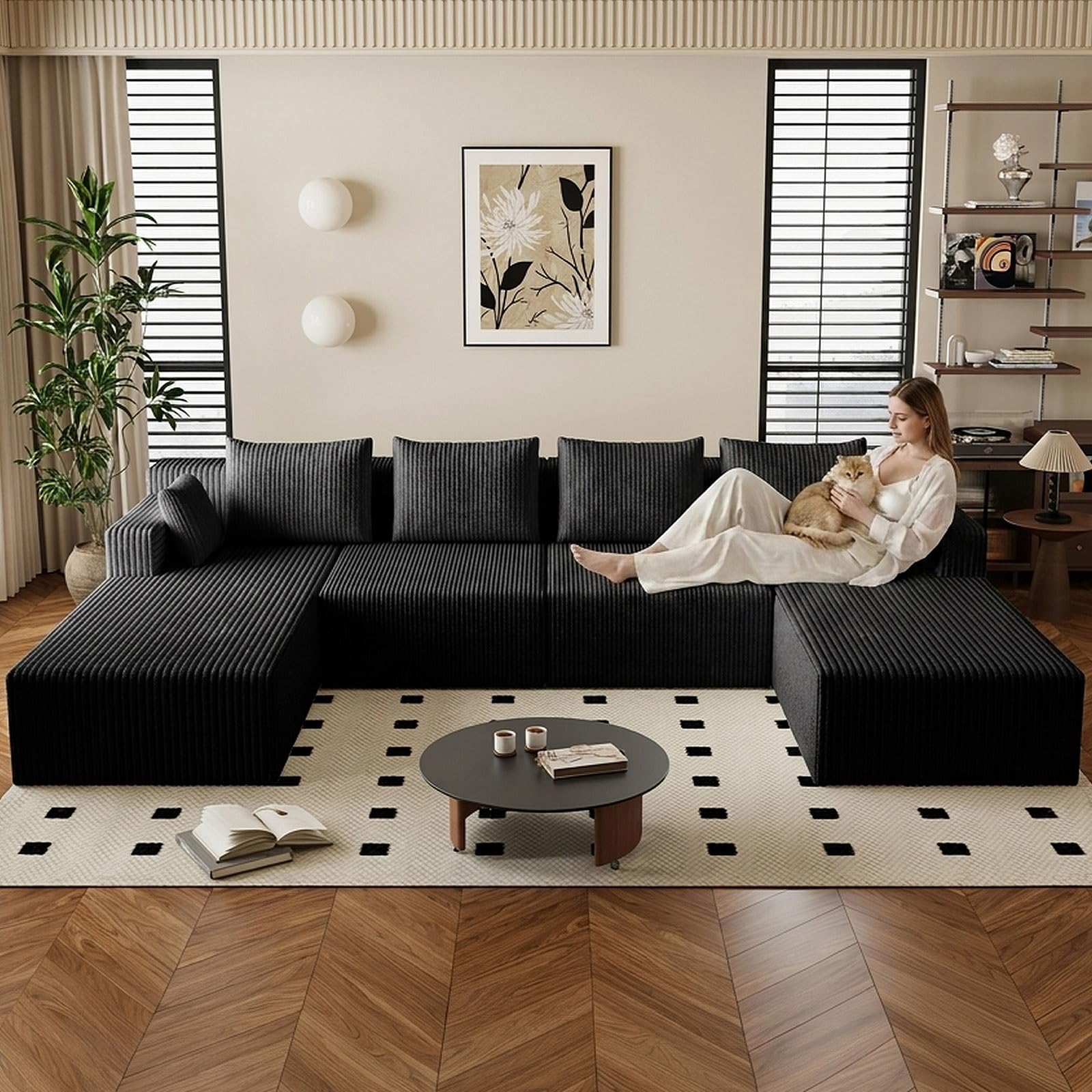 142" U-Shape Cloud Couch, Modern Modular Sectional U-Shape Sofa, Corduroy Boneless Couch Upholstered Couches Deep Seat Sleeper Chaise Longue for Living Room, No Assembly Required, Black