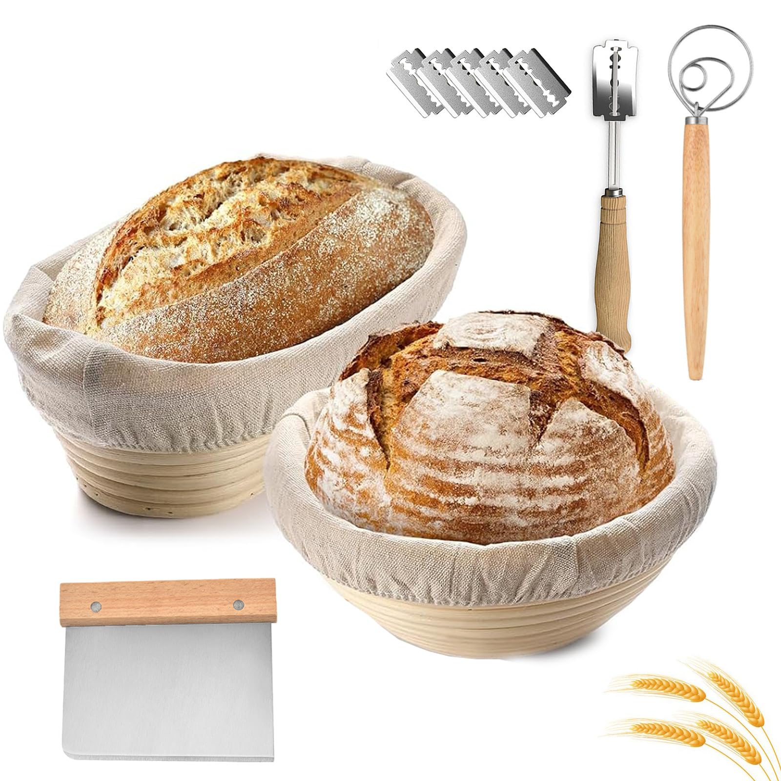Bread Proofing Basket Round & Oval,2PCS 10in Large Banneton Brotform Rising Proving Bowl,100% Natural Rattan Sourdough,for Professional Home Bakers,750g Dough,Linen cloth Liner,Dough Scraper/Whisk