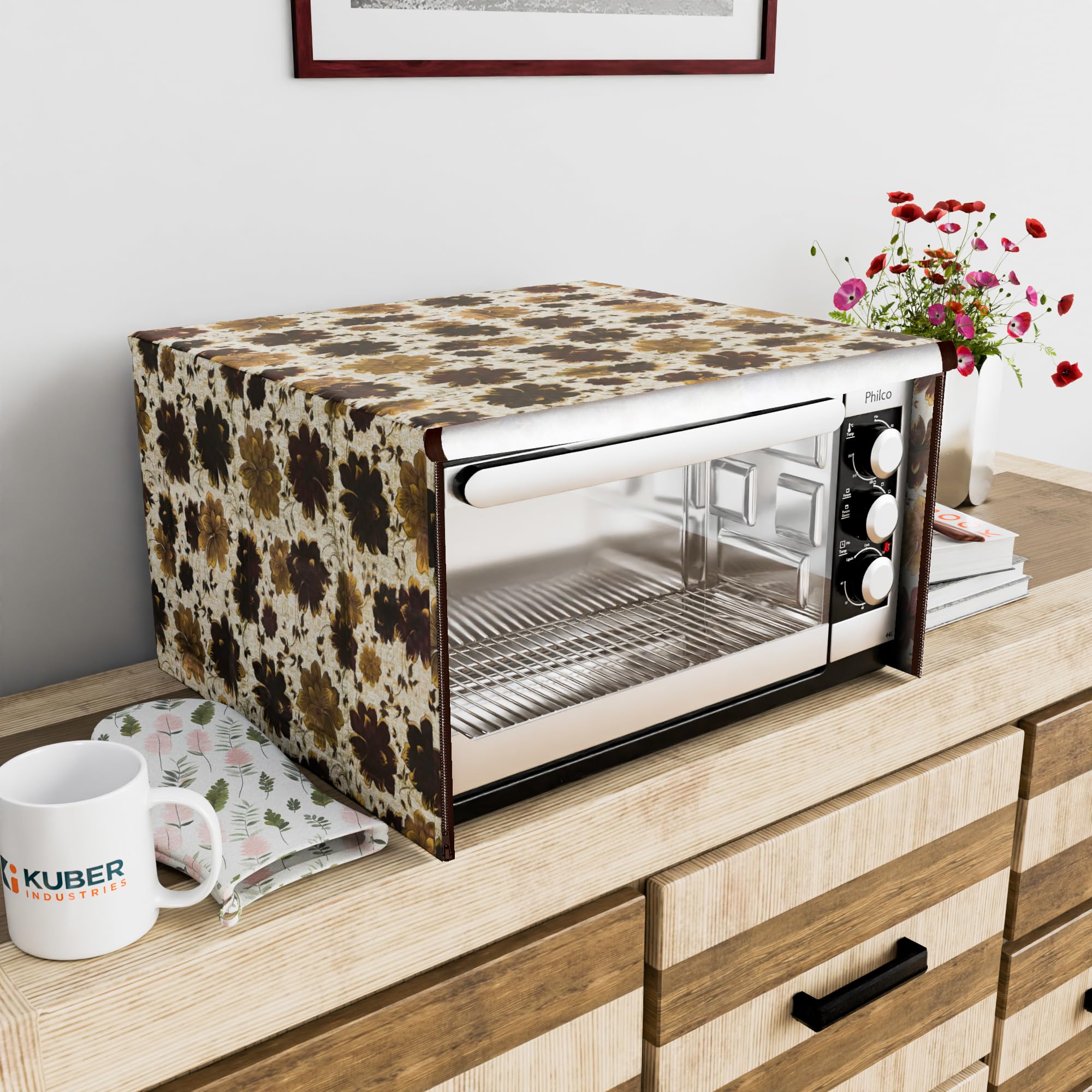 kuber industries 30 ltr dustproof full microwave cover | otg oven accessories for durable & dustroof kitchen decor | flowers brown